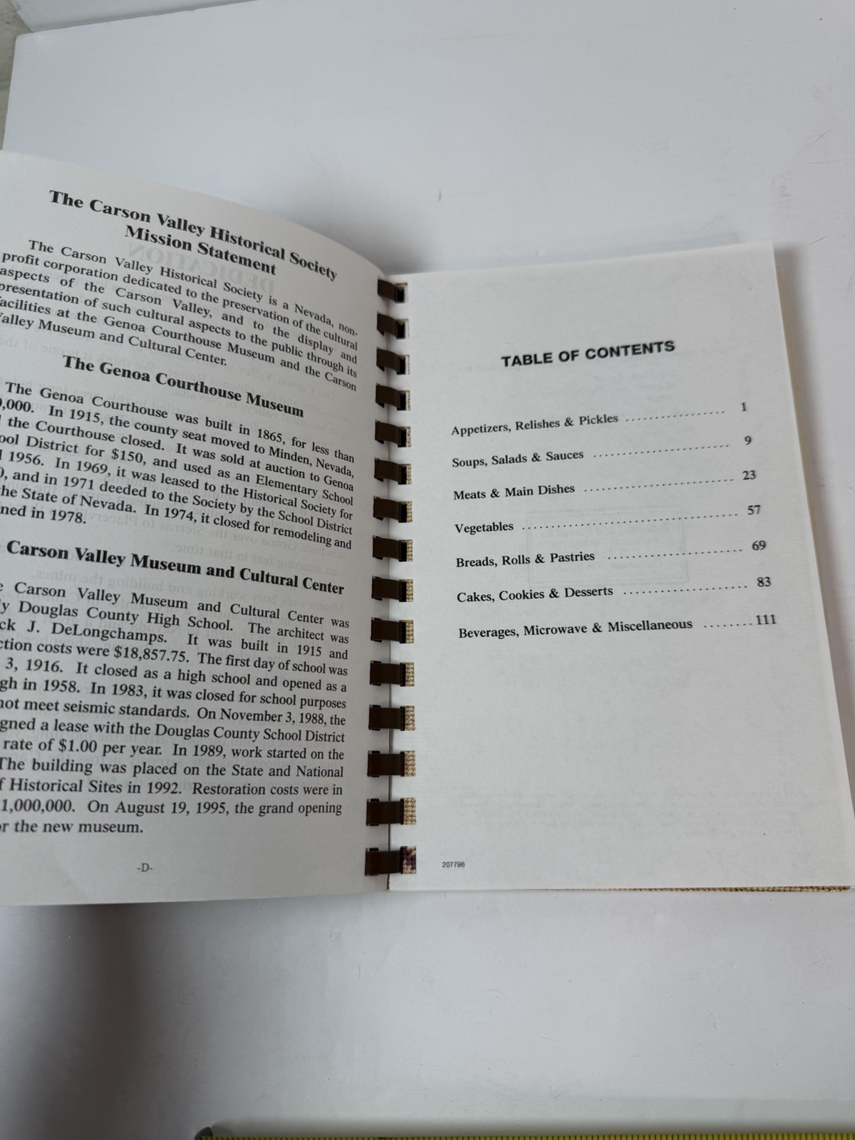 Carson Valley Historical Society Cherished Recipes Spiral Cookbook Nevada