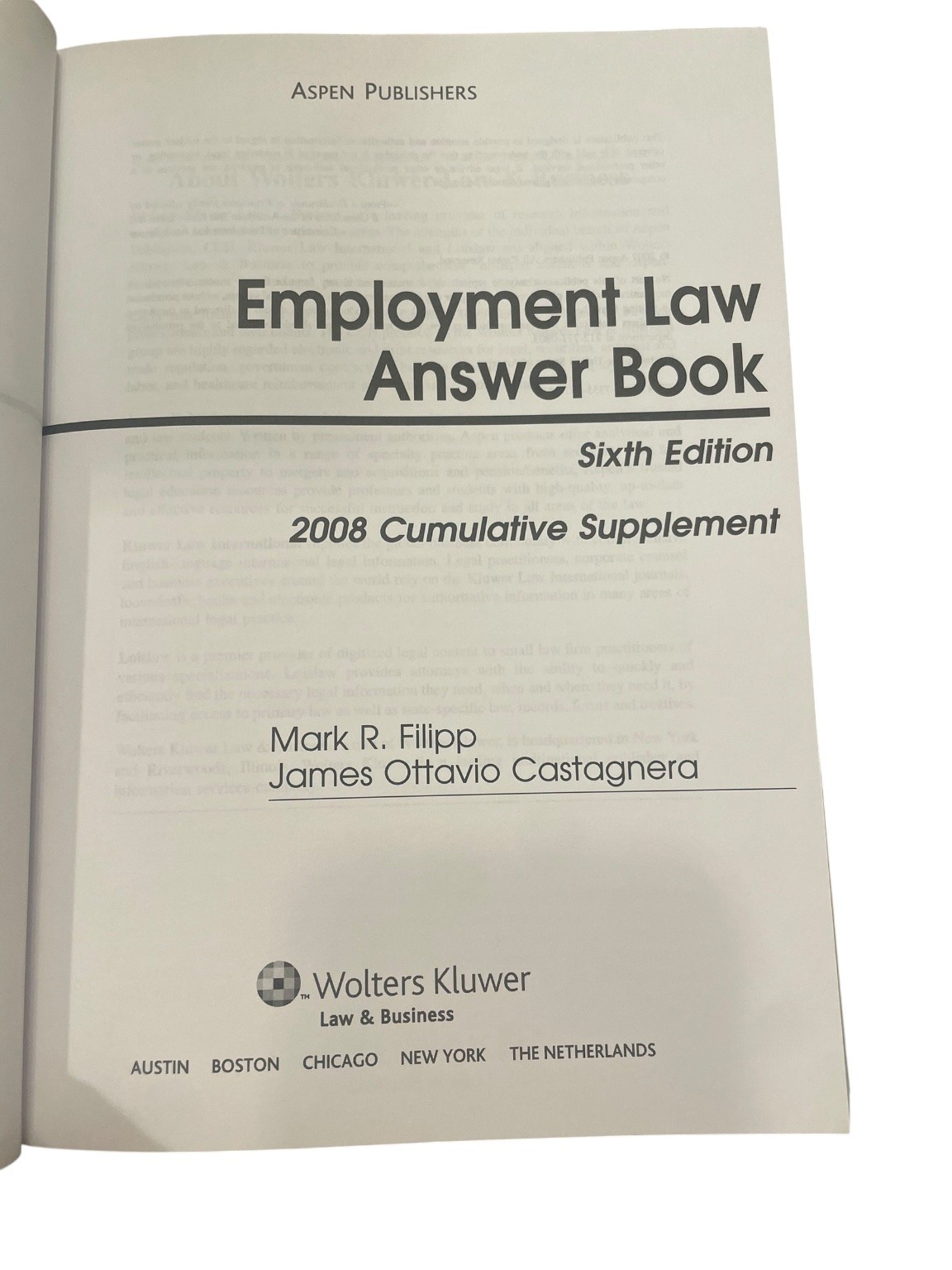 Employment Law Answer Book Filipp Castagnera 2008 Sixth Edition Wolters Kluwer