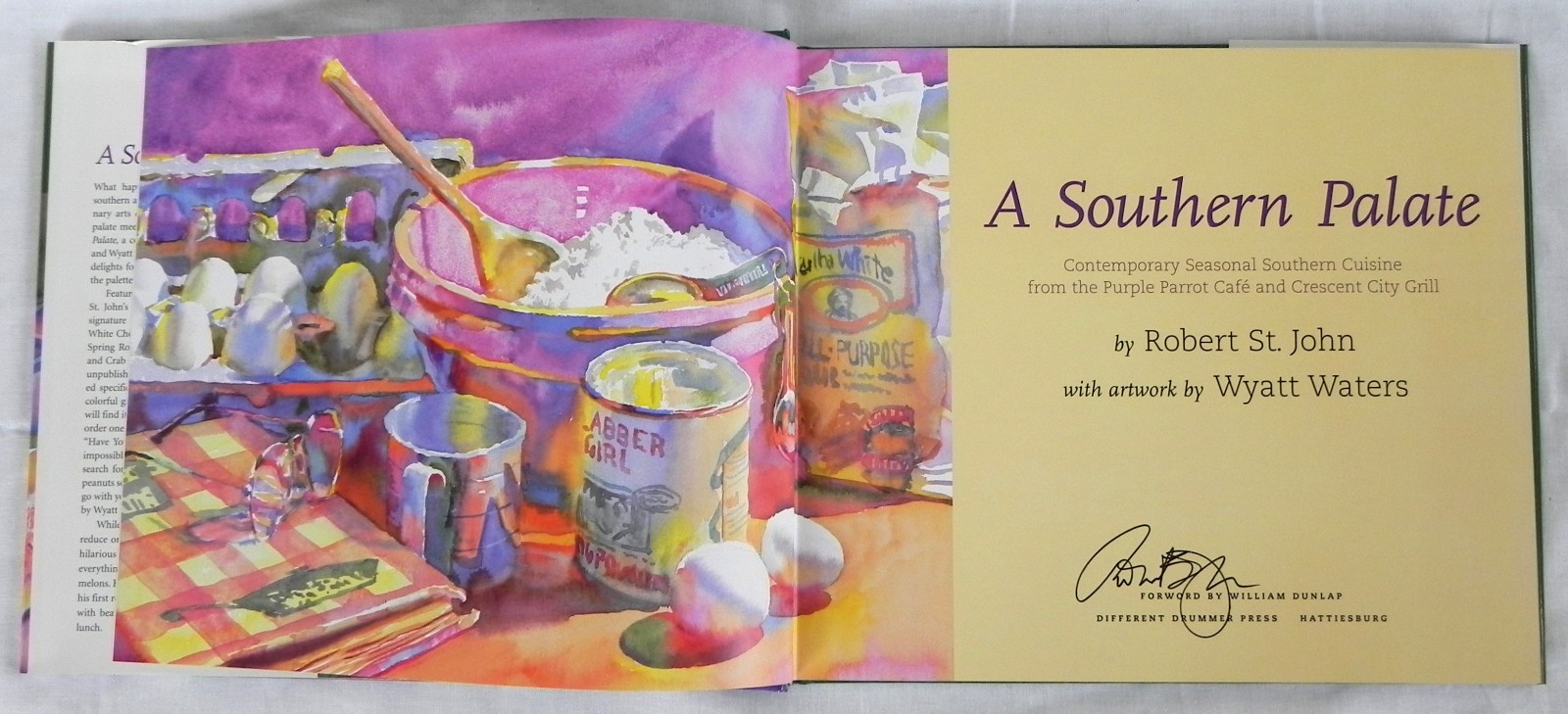 “A Southern Palate” Cookbook, Robert St. John (Signed) + Wyatt Waters, 2002 Exc.