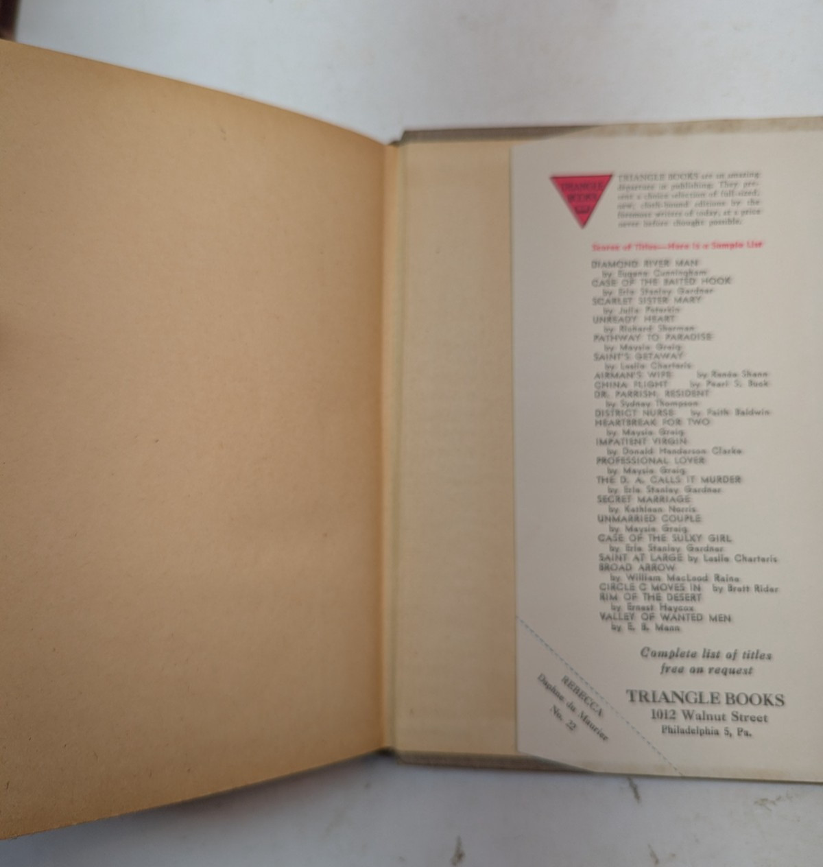 Rebecca: Complete Original Novel by Daphne du Maurier 1938 Triangle Books HC DJ