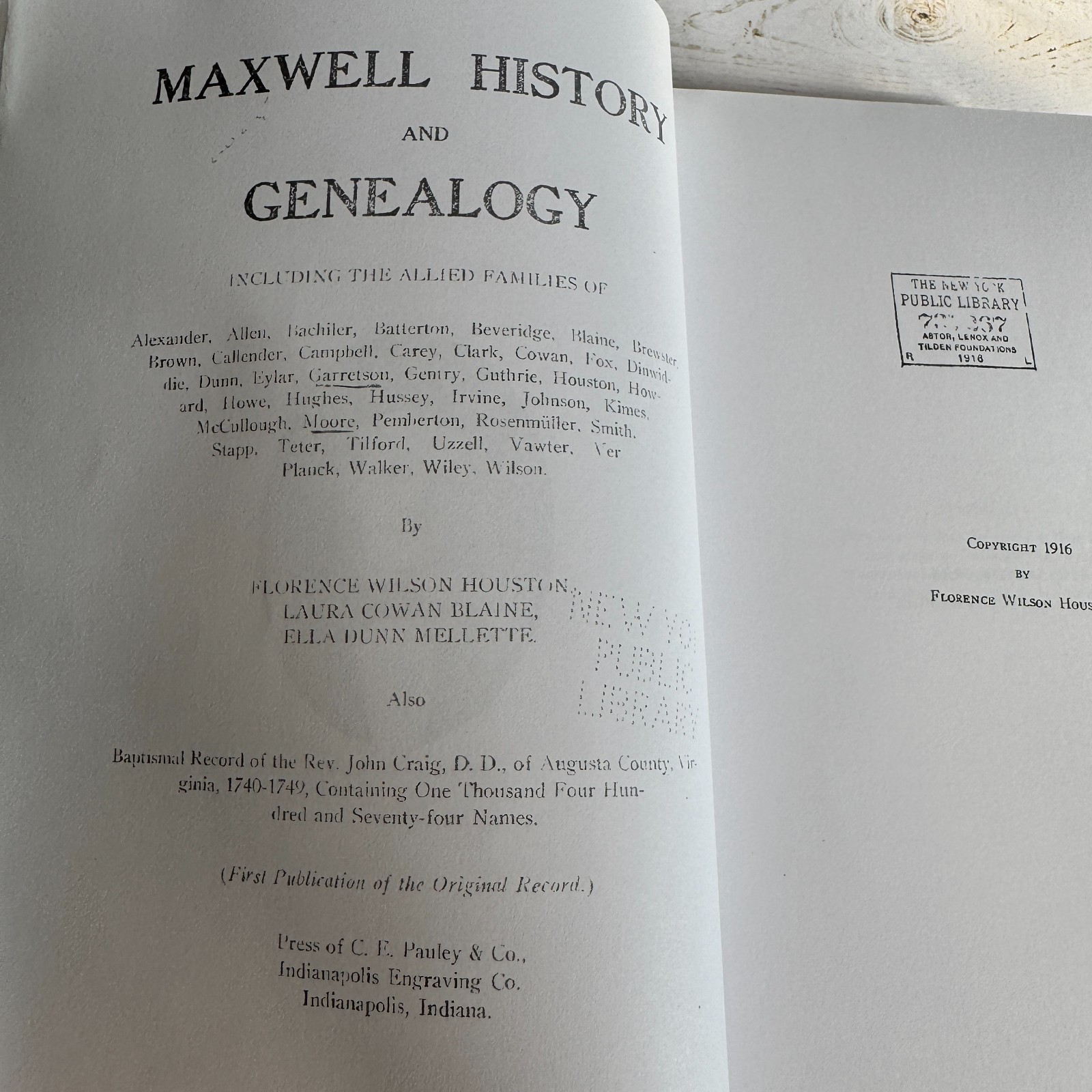 Maxwell History and Genealogy Press of C. E. Pauley 1916 Reprint Paperback Book