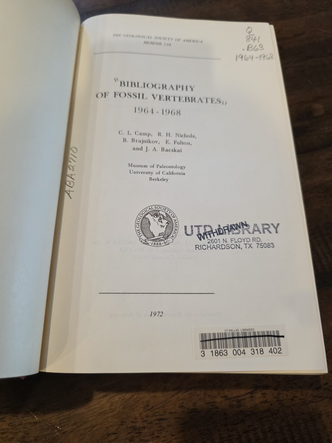 Set: Bibliography of Fossil Vertebrates 1939-1972 Geological Society of America