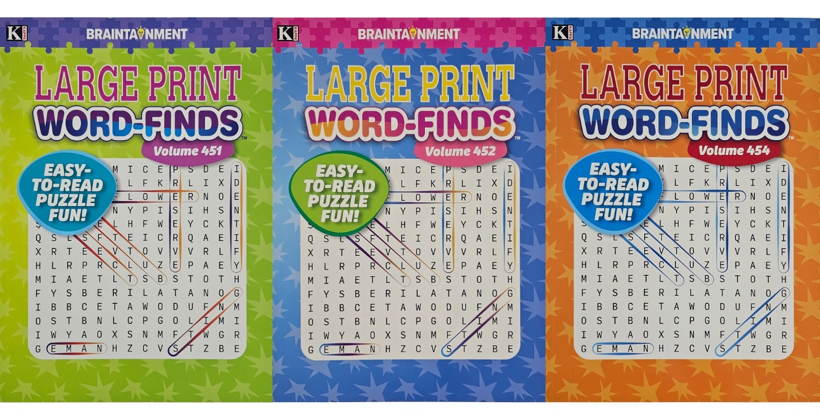 3 Large Print Word-Finds Puzzle Books Kappa Games Vol #451-454 ~ Search,Hunt