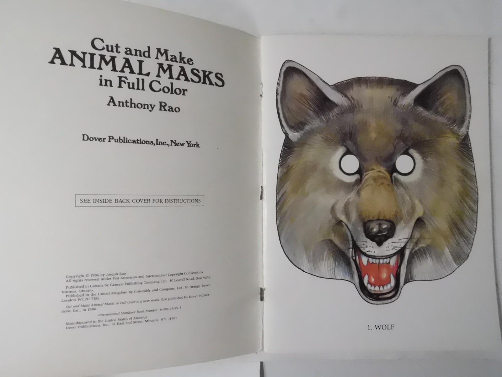 15 Cut & Make ANIMAL MASKS Book in Full Color Anthony Rao 1986 Dover