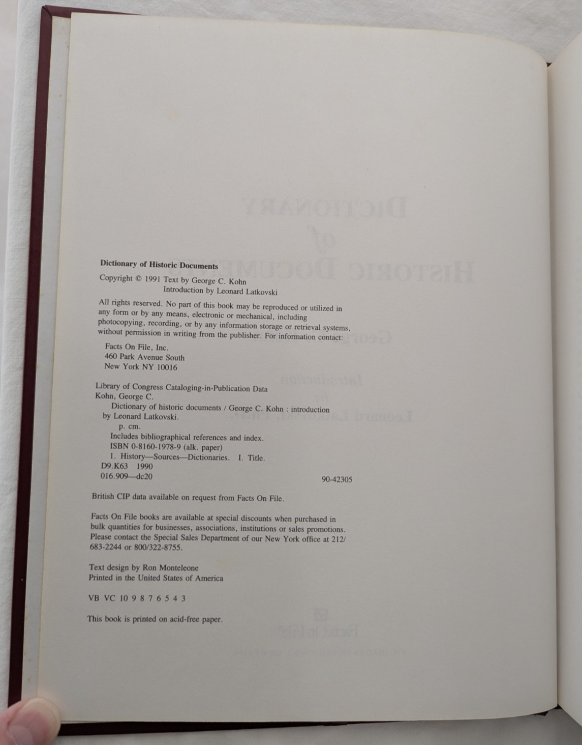 Dictionary of Historical Documents; 1991 George Kohn Hardcover