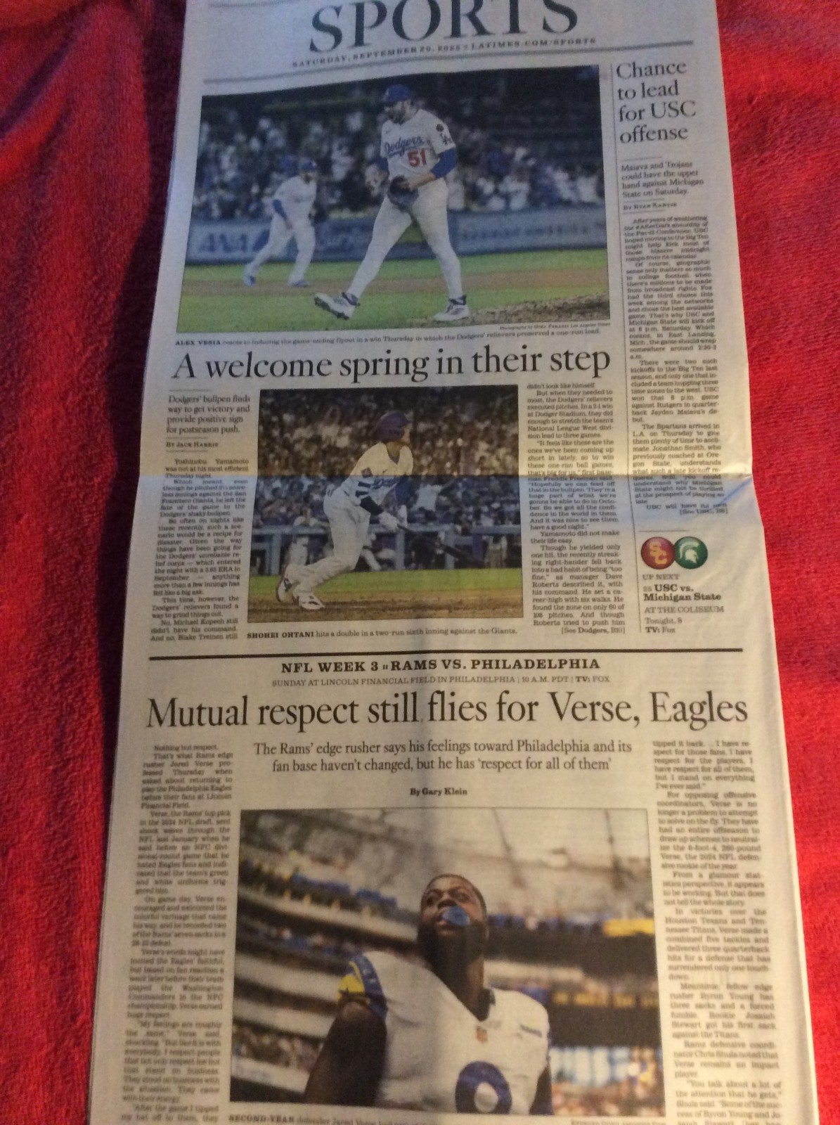 LA TIMES SPORTS SECTION SEPTEMBER 20 2025 DODGERS ALEX VESIA SHOHEI OHTANI