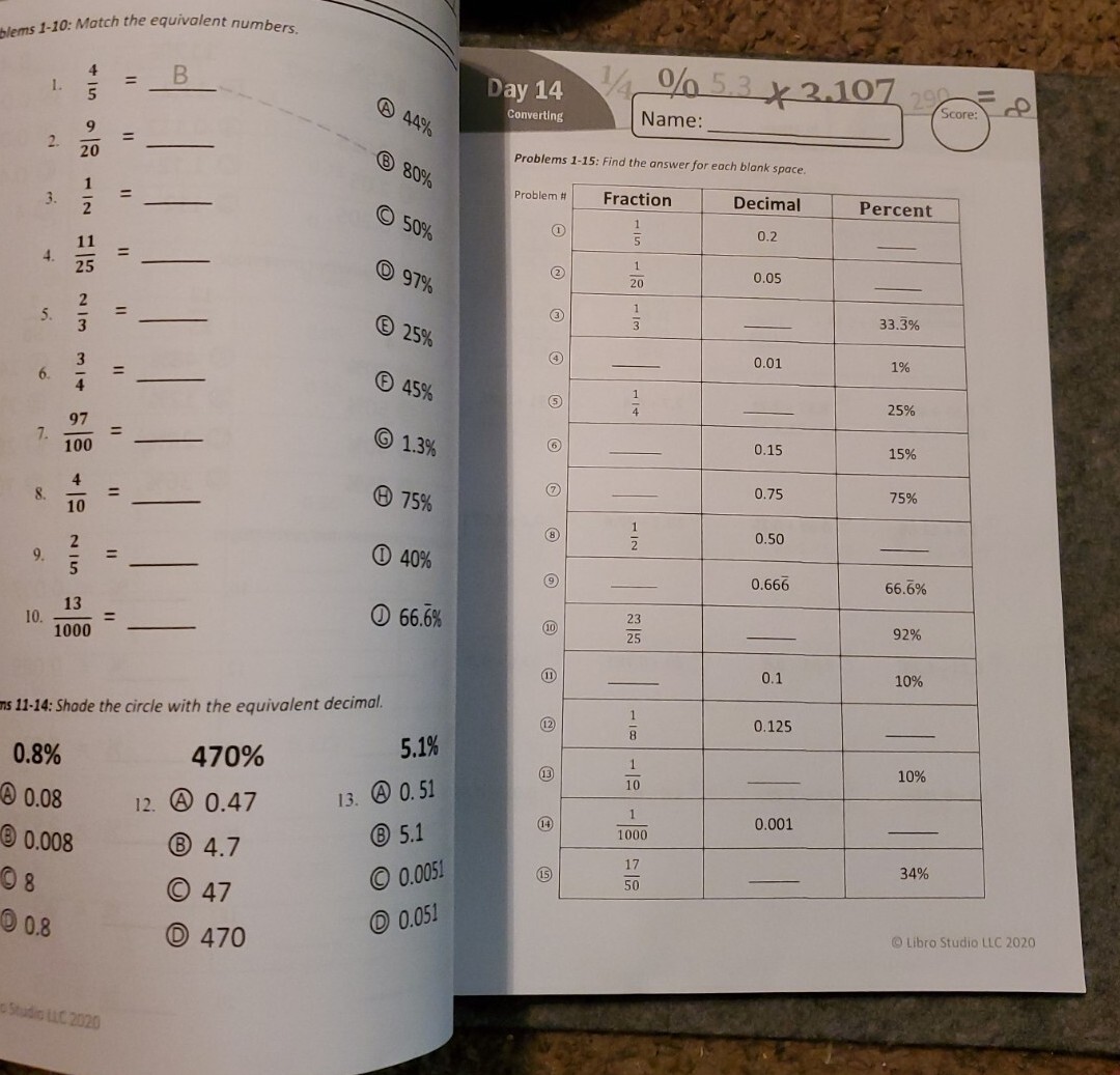 Humble Math – 100 Days of Decimals Percents & Fractions Advanced Practice Pro…