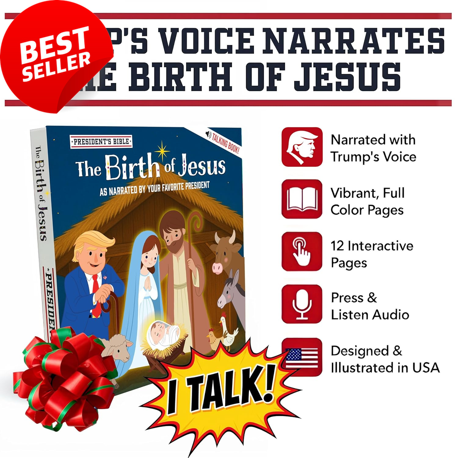 The Birth of Jesus Kids Talking Book w/ Trump Voice Nativity Gift Hardcover