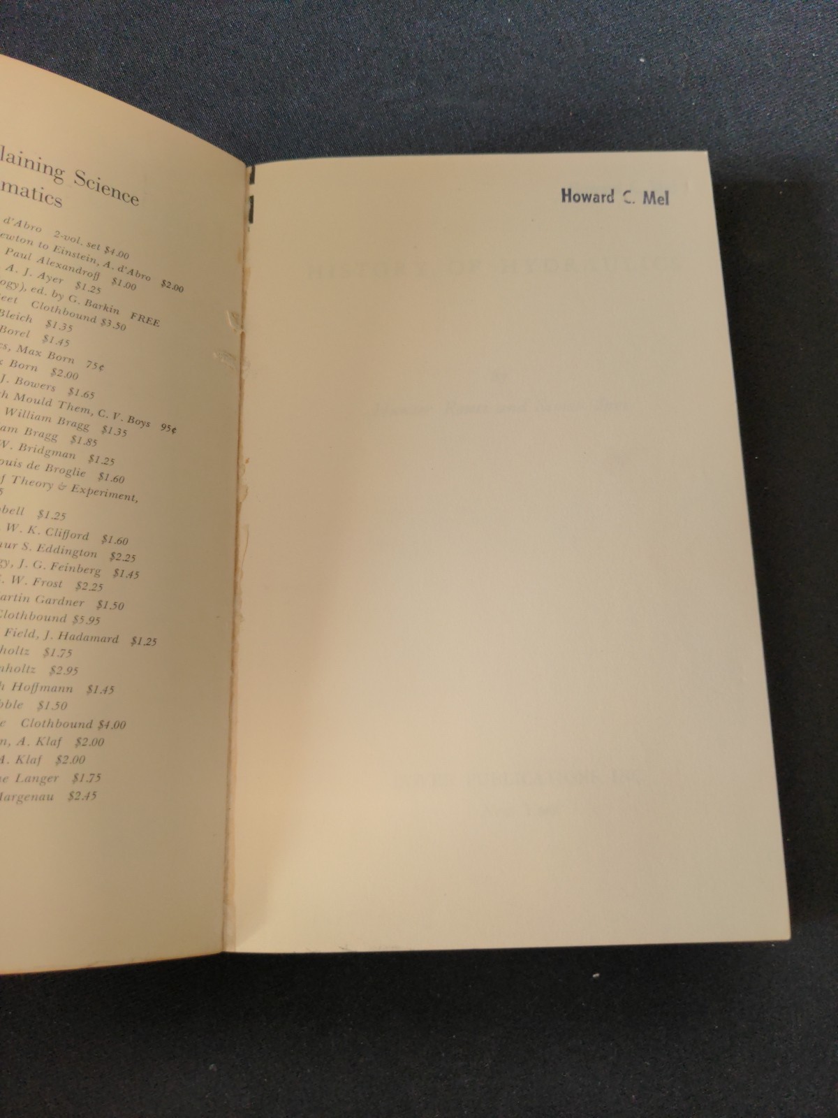 History of Hydraulics by Hunter Rouse and Simon Ince Dover Edition 1963