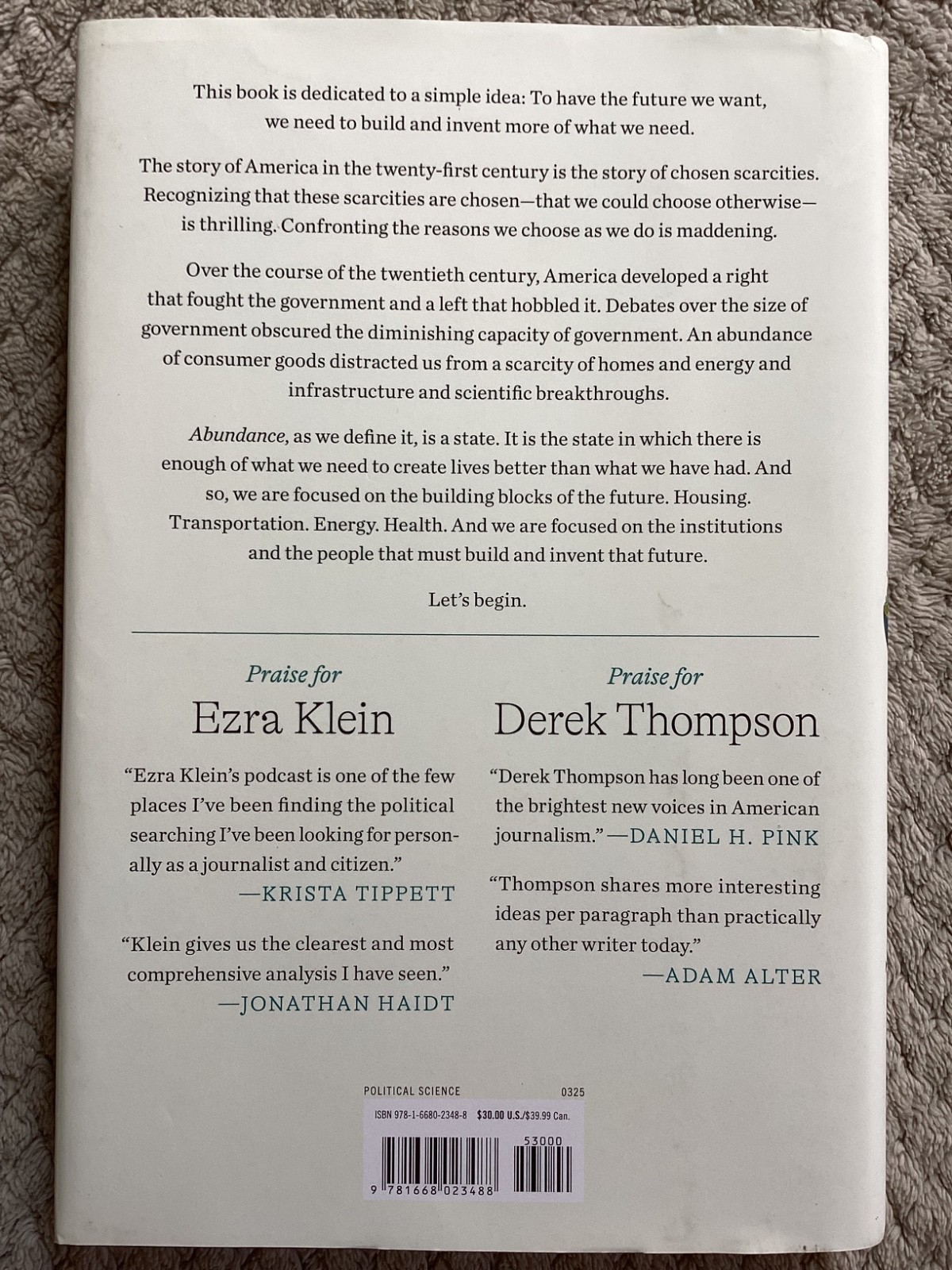 Abundance by Ezra Klein and Derek Thompson (2025, Hardcover)