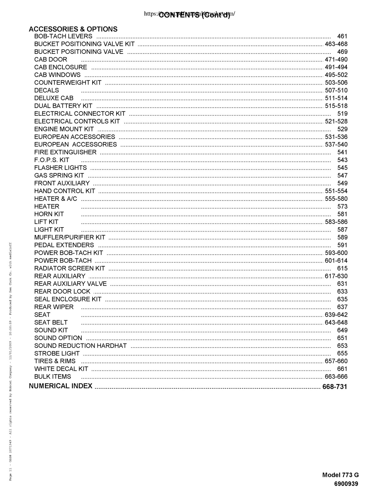 BOBCAT 773 G-Series Skid Steer Parts Manual 2009 SN 500K11001 Up – WIRE BOUND
