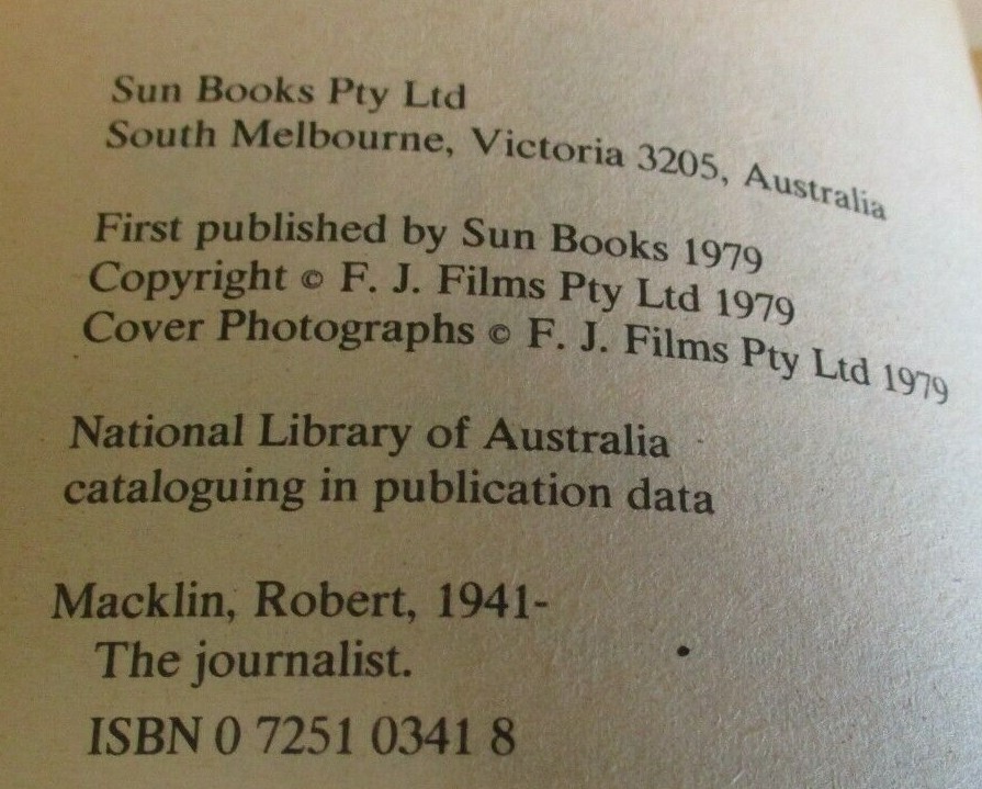 The Journalist – Robert Macklin – Book of the Film – Vintage – 152 Pages – 1979