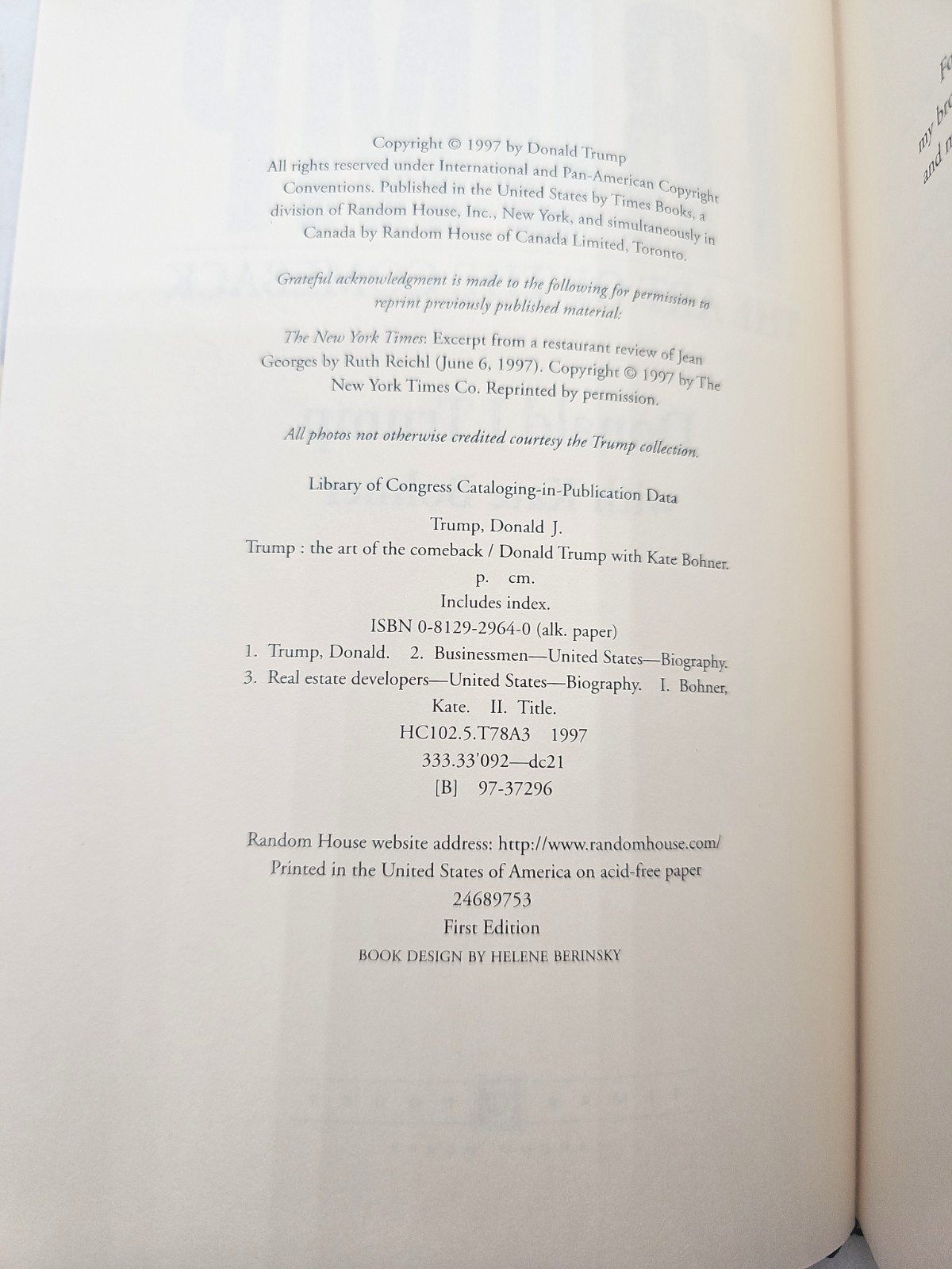 Trump The Art Of The Comeback Donald J. Trump 2nd Printing Hardcover