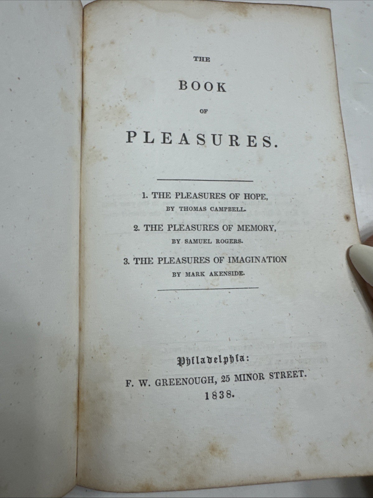 Vintage Book of Pleasures: Hope; Memory; Imagination; Campbel et al (1838) HB