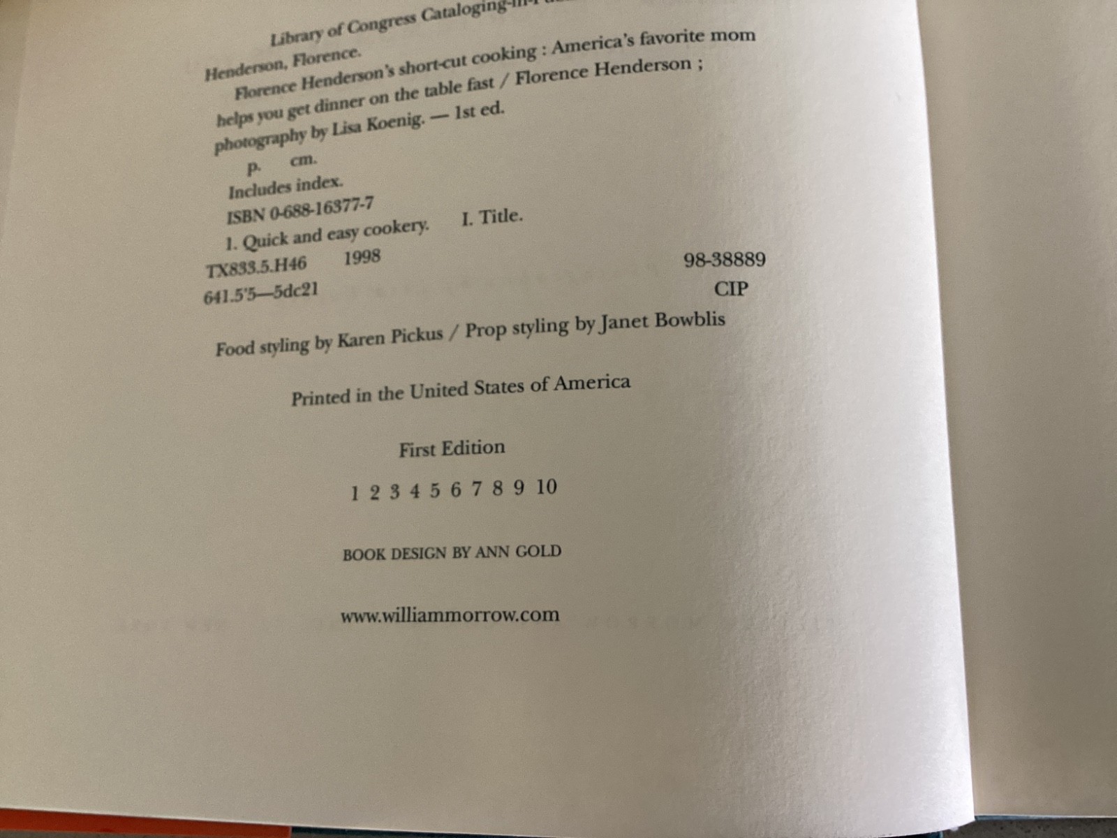 Florence Henderson’s Short-Cut Cooking First Edition Cookbook