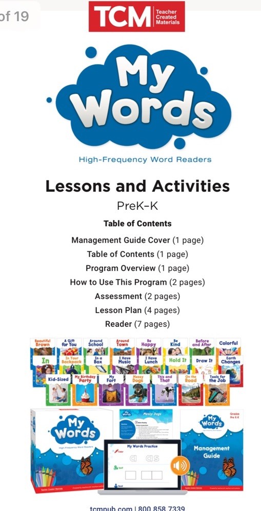 Teacher Created Materials TCM My Words High Frequency Word Readers Pre K-K