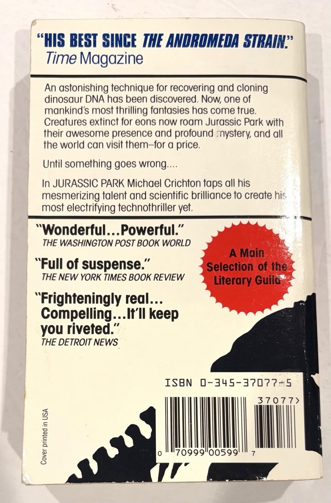 Jurassic Park by Michael Crichton 1991 Paperback Ballantine w/ Embossed Cover