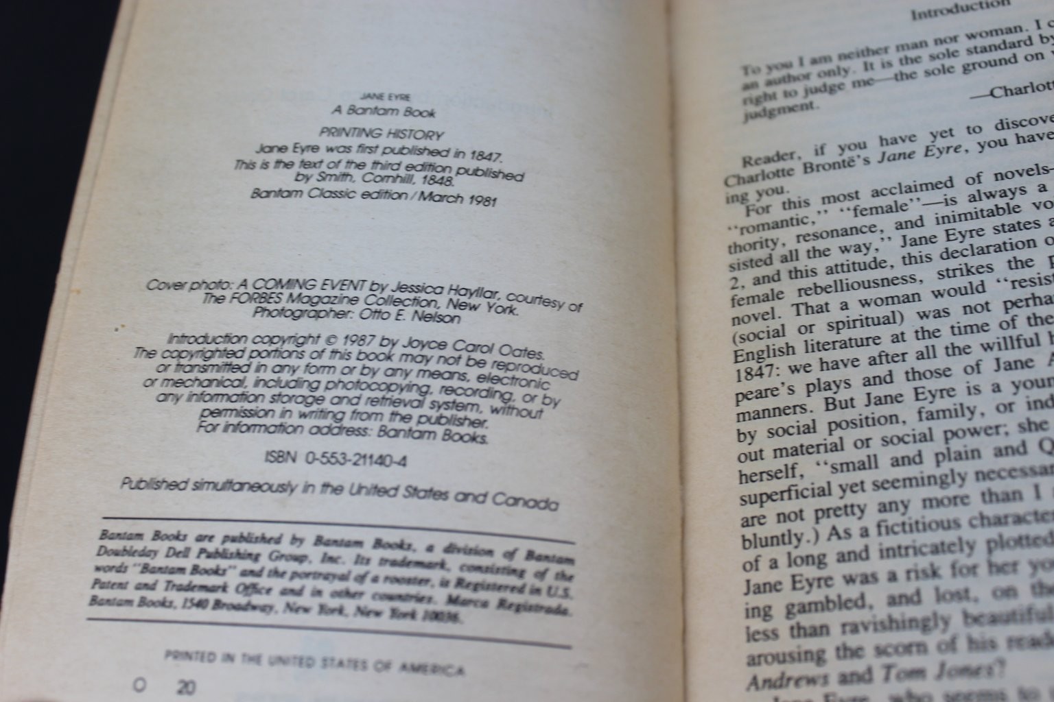 Jane Eyre Charlotte Bronte 1981 Bantam Classic Joyce Carol Oates Introduction