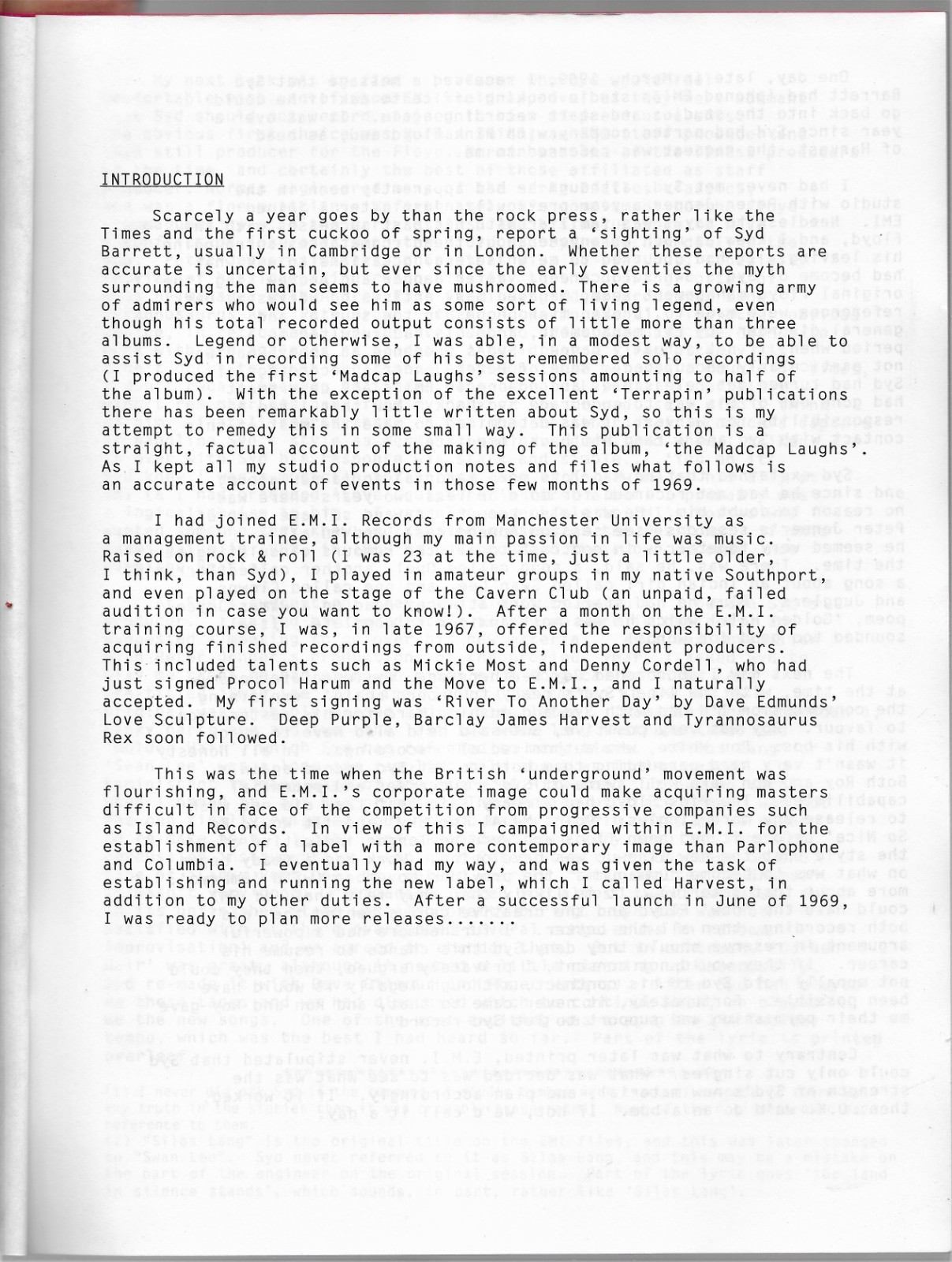 Syd Barrett The Making Of The Madcap Laughs, Malcolm Jones, in Opel Fanzine 1986