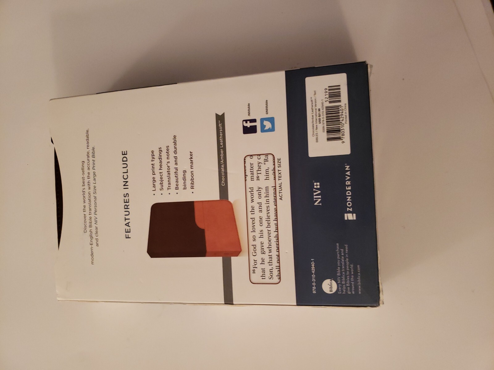 NIV Holy Bible Large Print Chocolate / Amber Duo Tone Brown Leather Cover Church