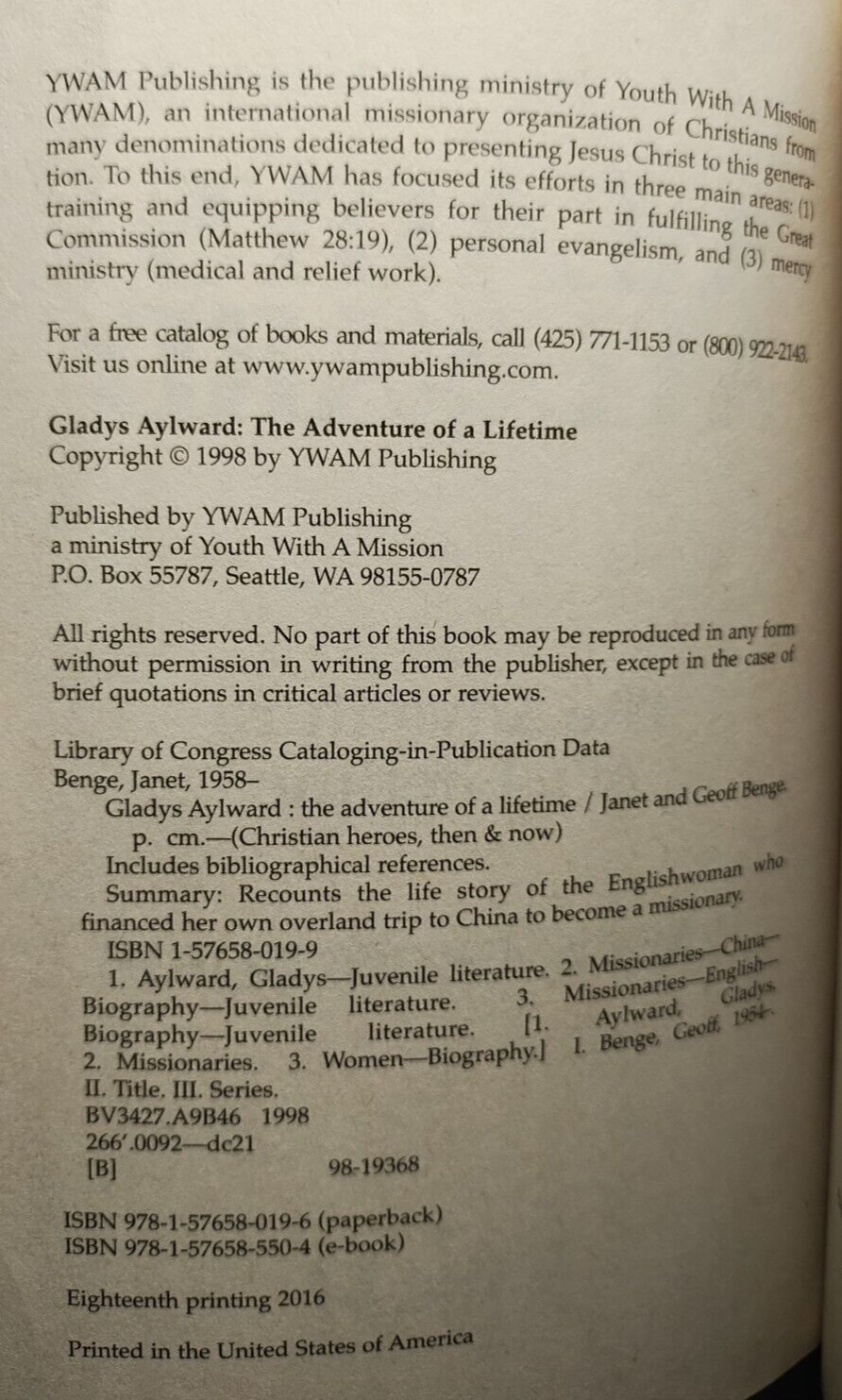 Gladys Aylward Christian Heroes Then & Now PB 1998 YWAM Biography Good