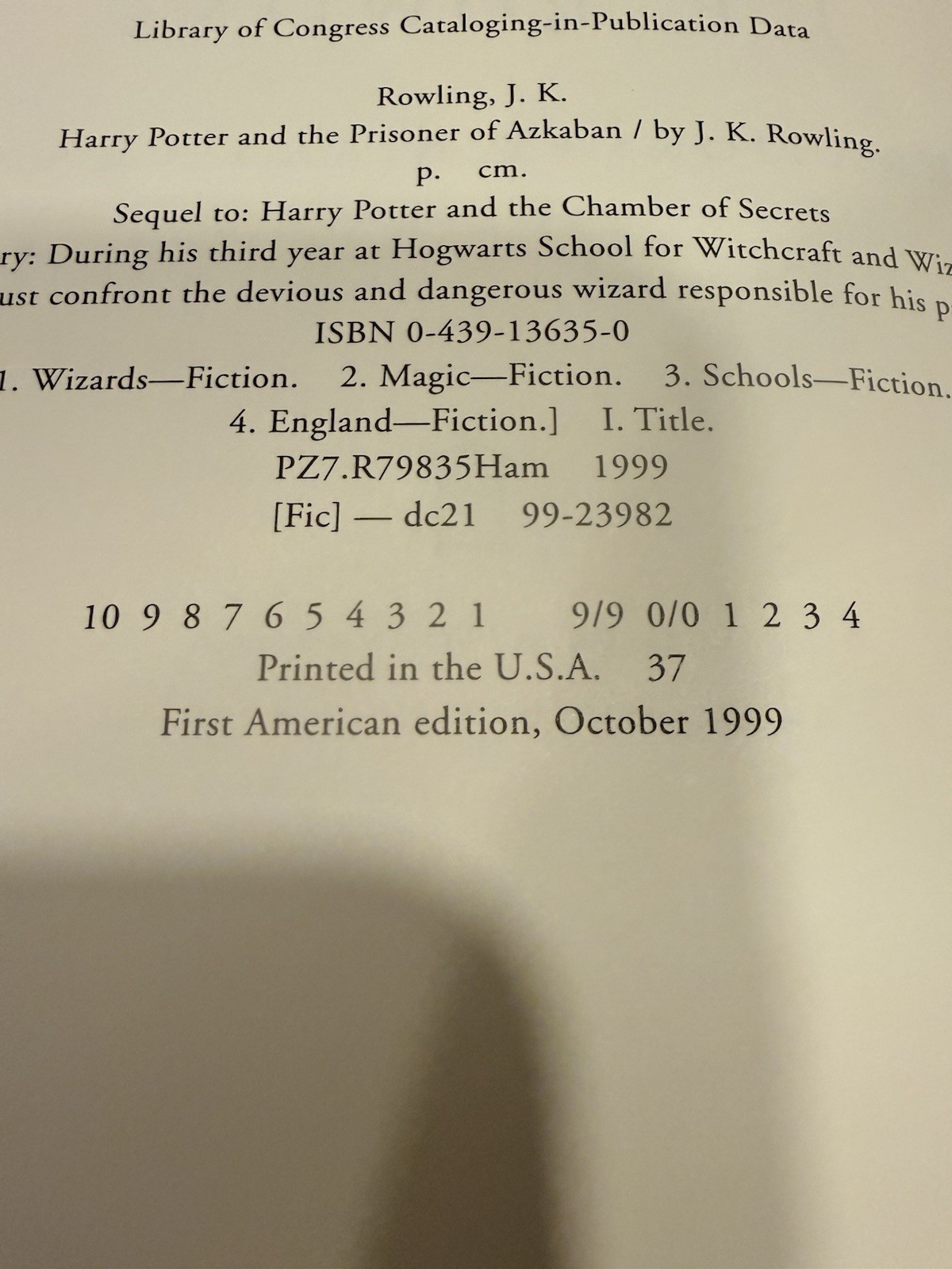 Harry Potter and the Prisoner of Azkaban 1st Edition 1st Print Hardcover 1999