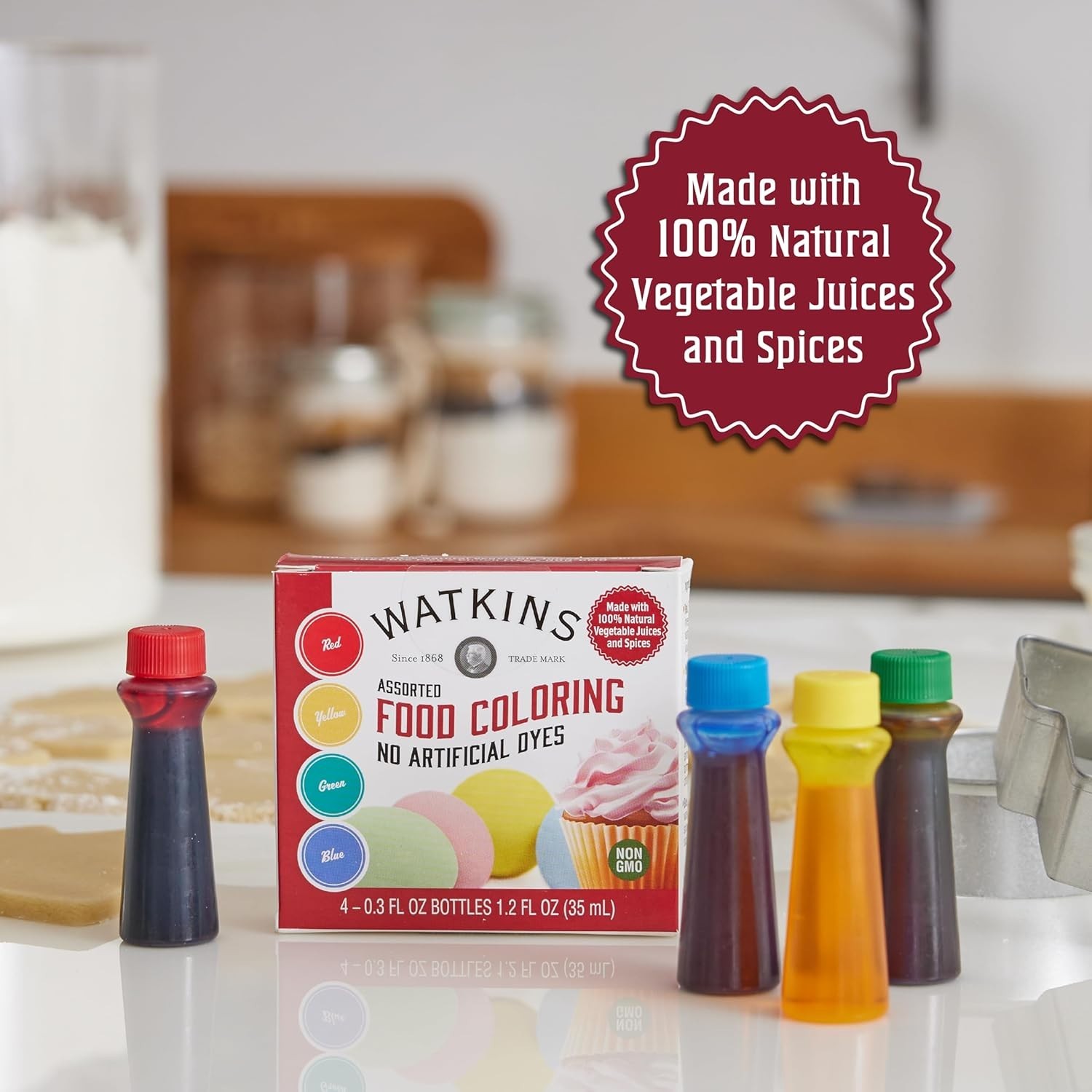 Natural Gluten-Free Food Coloring Set – Red, Yellow, Green, Blue, 3 fl oz Total