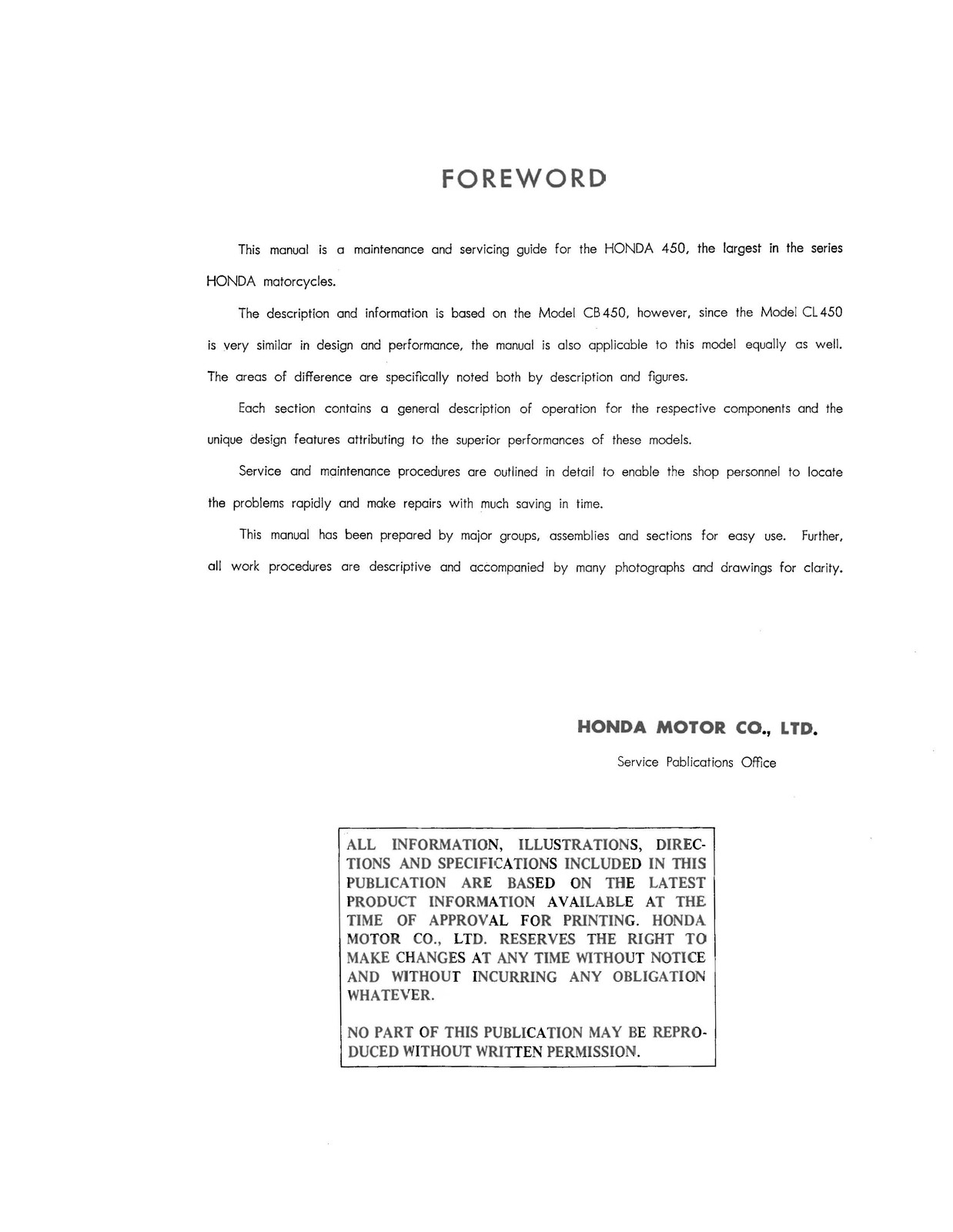 HONDA CB450 CL450 Motorcycle Factory Service Manual – WIRE BOUND – TOUGH COVERS
