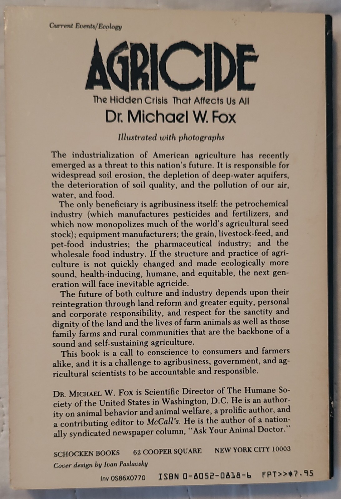 AGRICIDE By Michael W. Fox PB VTG