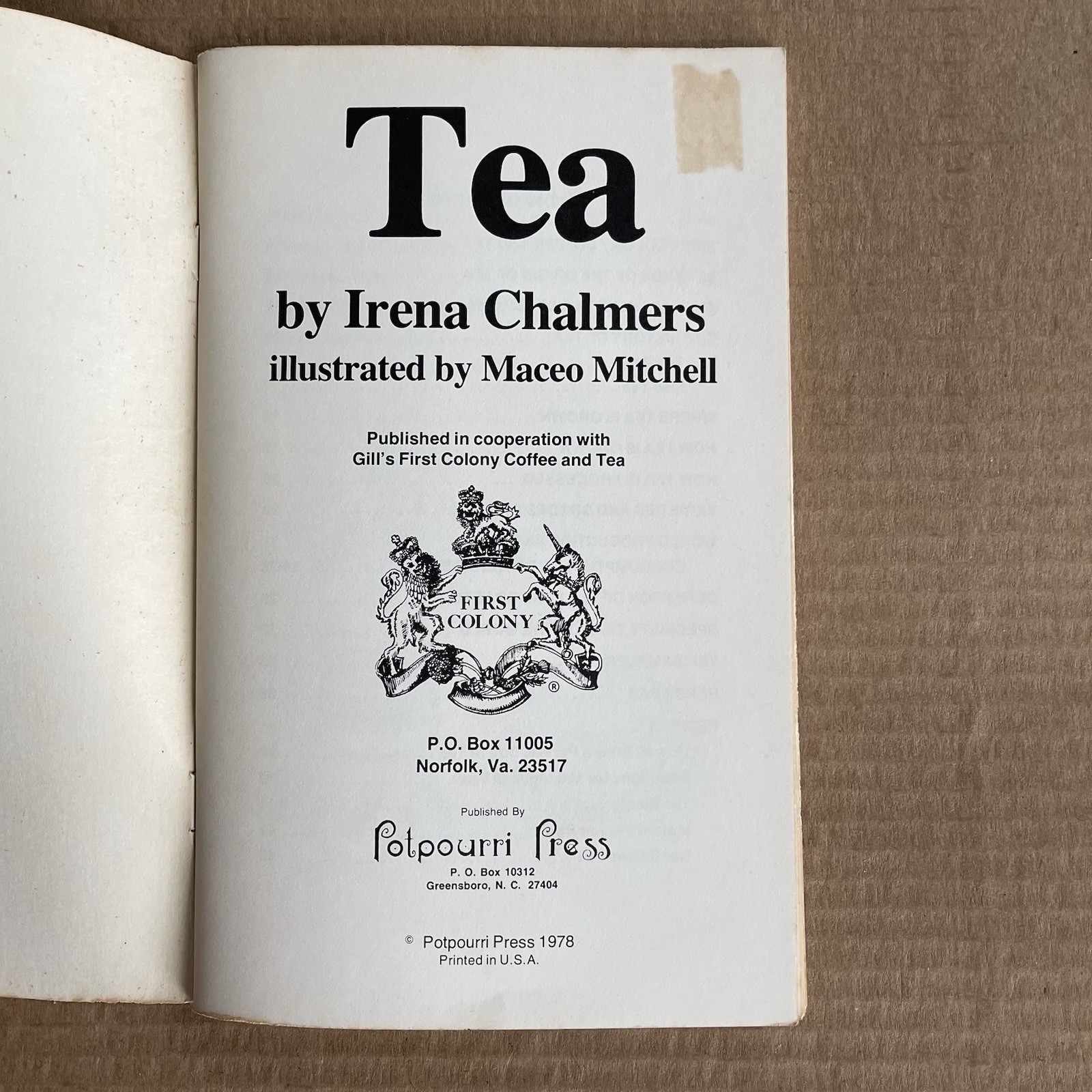Tea by Irena Chalmers Vintage 1978 Potpourri Press History & Recipes Booklet