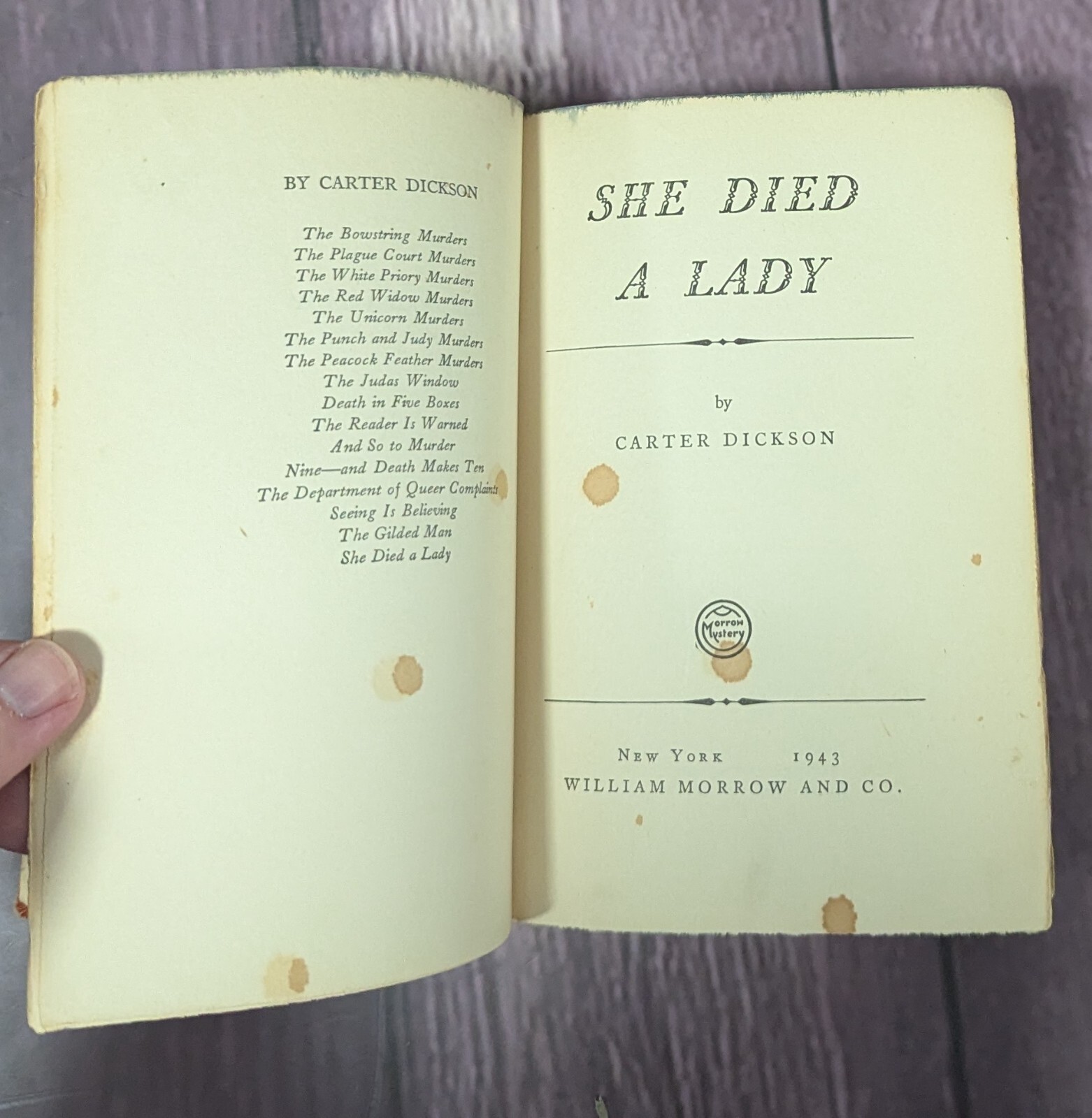 She Died a Lady – Carter Dickson – 1943 Hardcover – William Morrow US