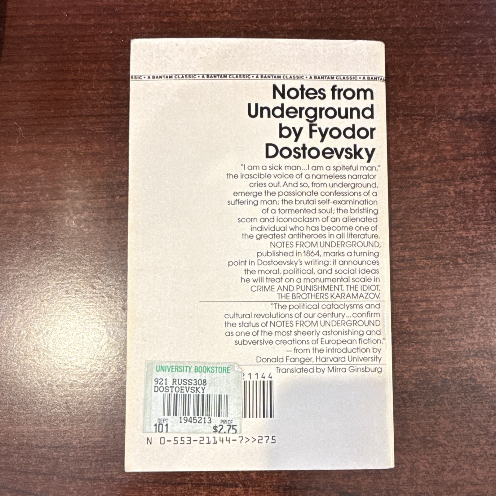 Fyodor Dostoevsky Notes from Underground PB Bantam Classic Trans Ex Libris