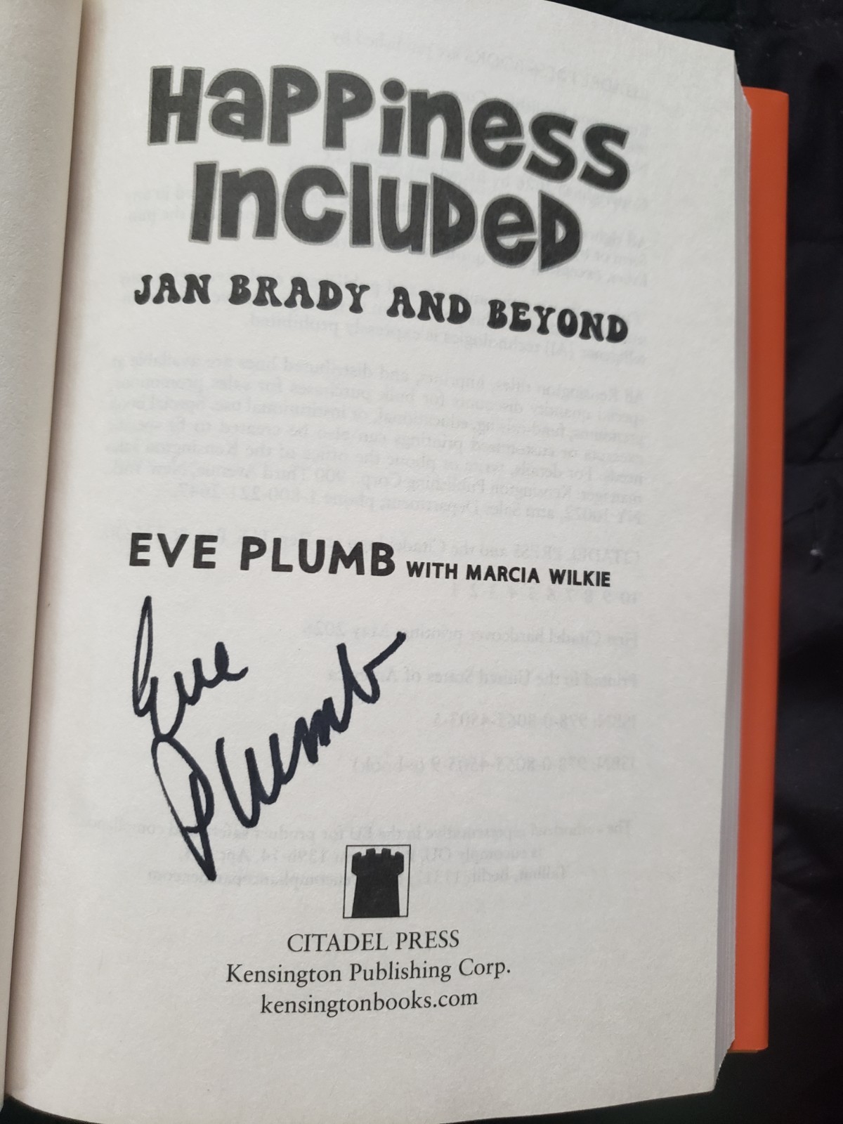 Eve Plumb Signed “Happiness Included” Jan Brady Bunch HC Book 1st/1st