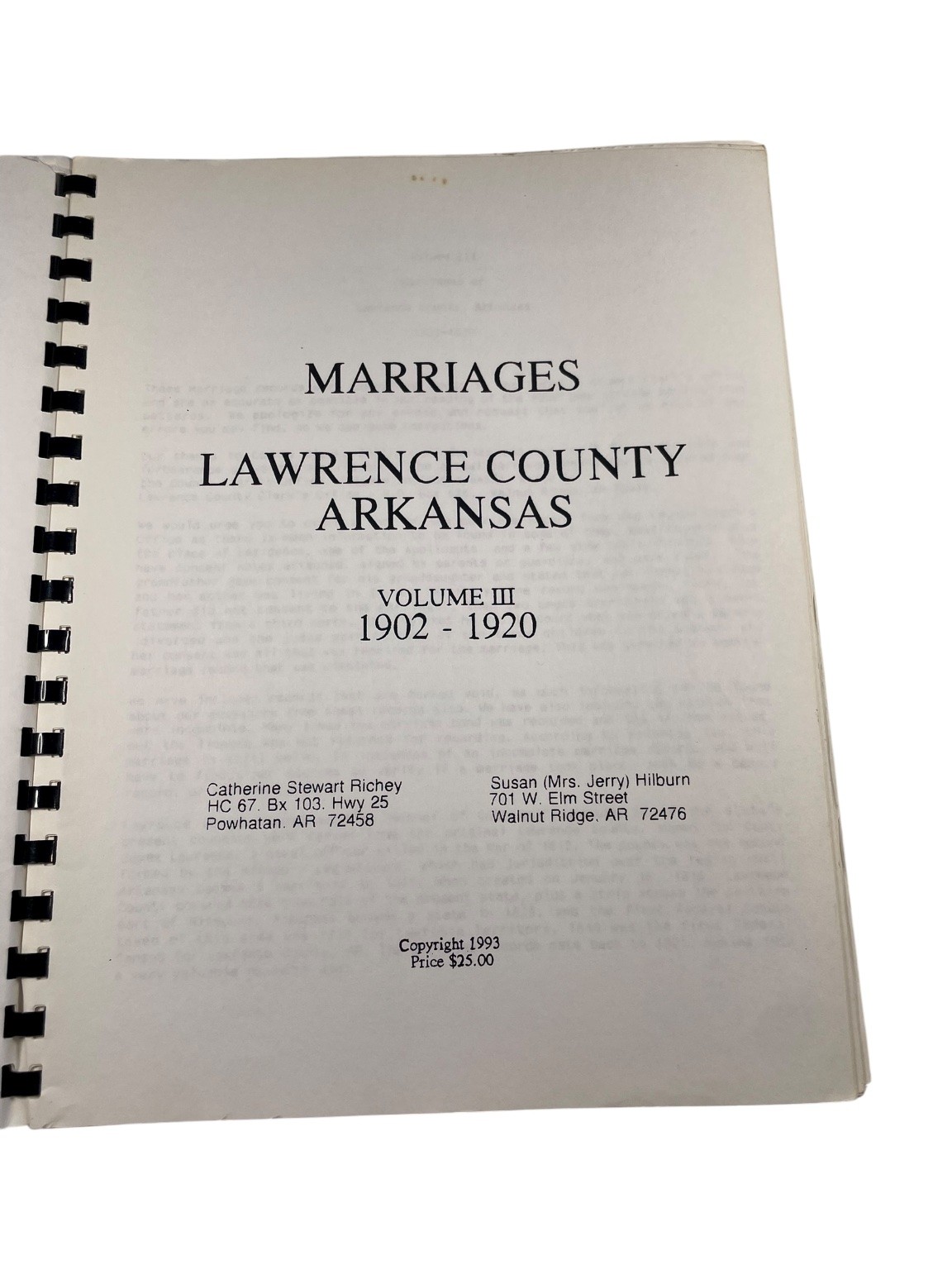 Marriages Lawrence County Arkansas Vol III 1902-1920 Genealogy History 1993