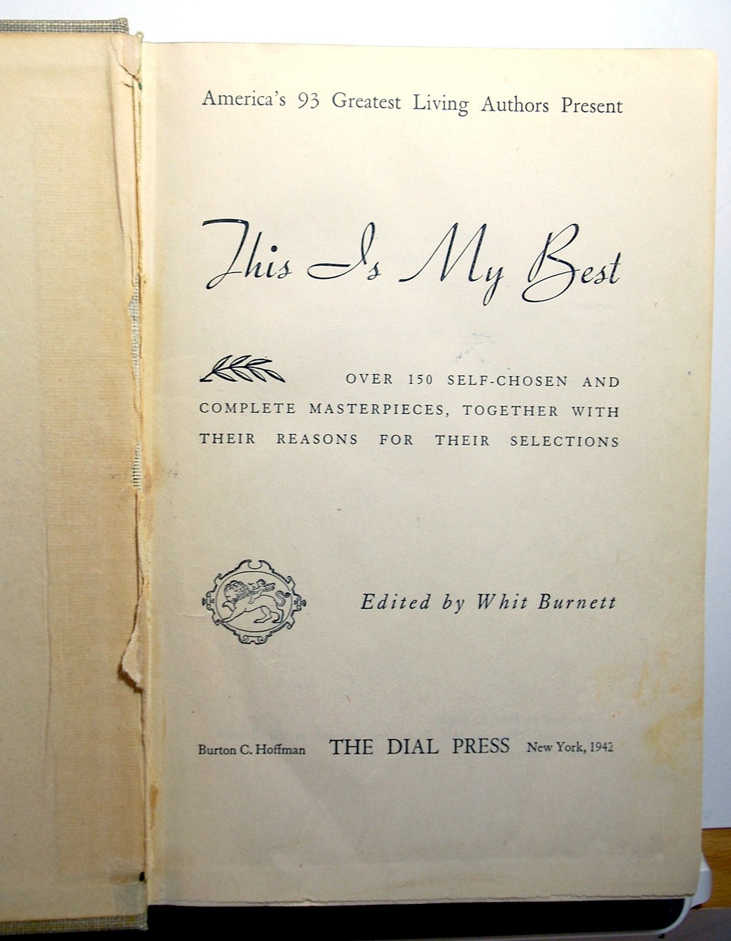 This is My Best – Whit Burnett – The Dial Press – Hardcover – 1942 – Good Cond