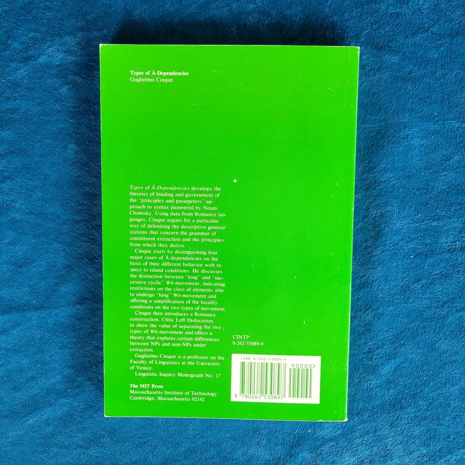 TYPES OF A-DEPENDENCIES (LINGUISTIC INQUIRY MONOGRAPH SEVENTEEN) ; 0-262-53089-9