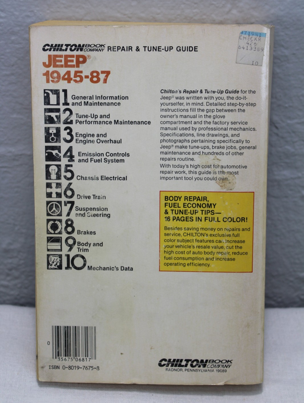 Chilton’s Repair & Tune-Up Guide Jeep 1945 to 1987 Manual CJ5 CJ7 Wrangler