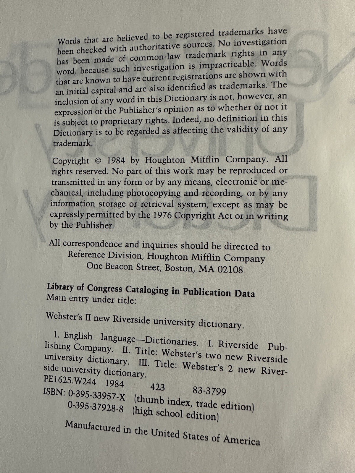 Vintage 1984 Webster’s II New Riverside University Dictionary 1,536 Pages Book