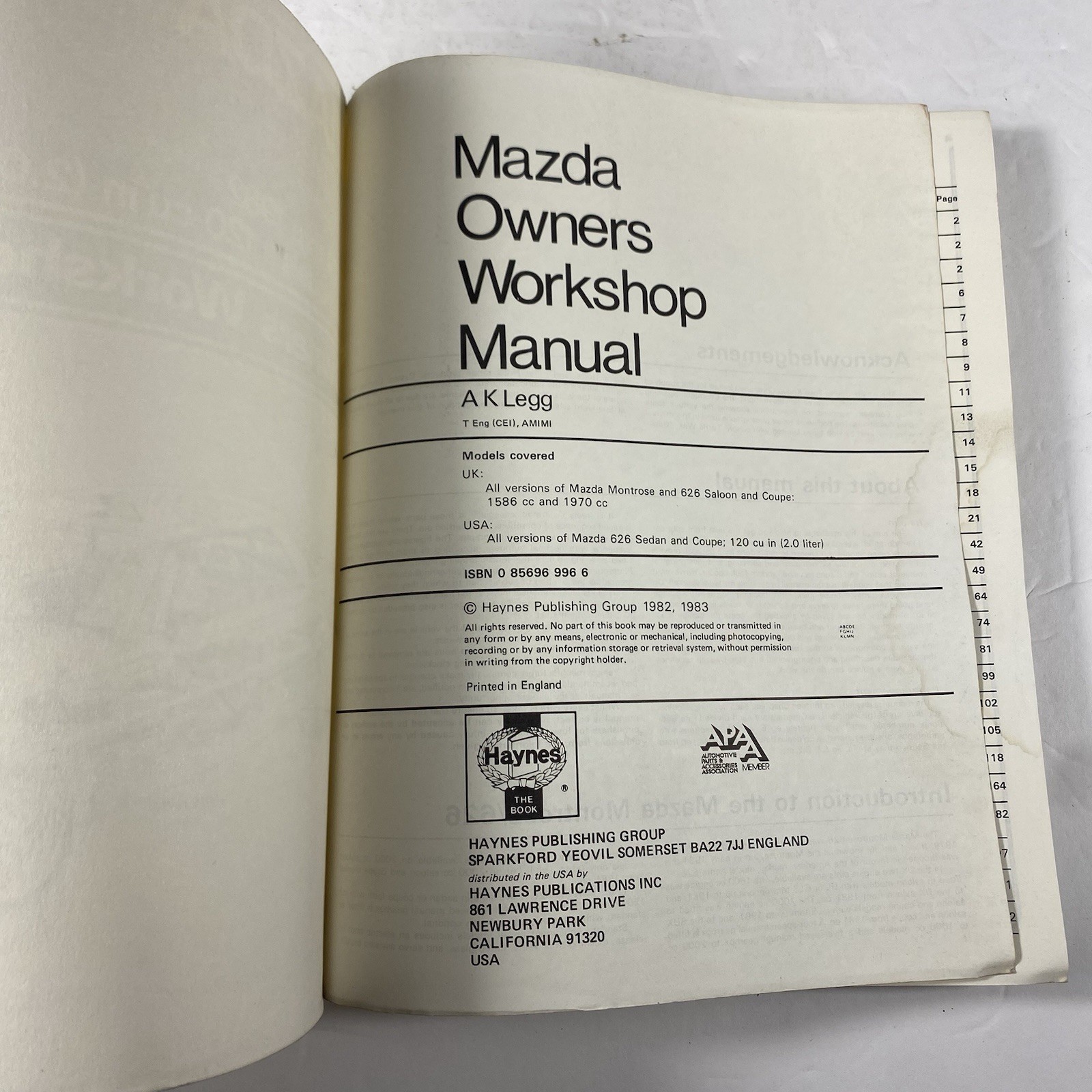 Haynes Auto Repair Workshop Manual for Mazda 626 years 1979 thru 1982