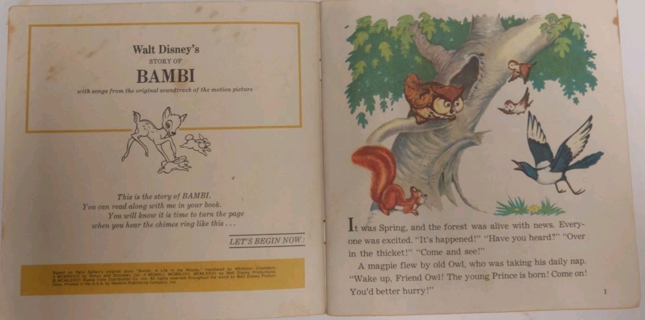 🦌 Walt Disney’s Story of Bambi – 1977 Read-Along Book & Record – #309 – USED