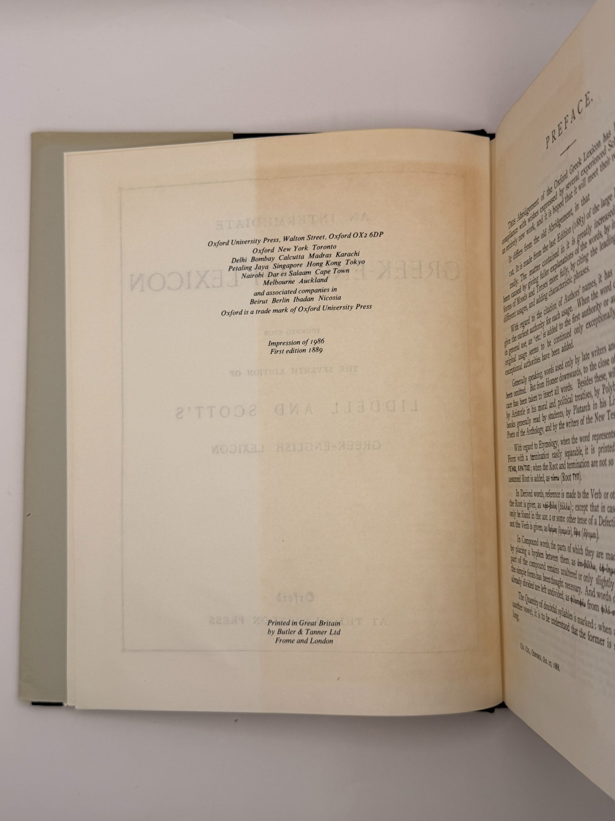 An Intermediate Greek-English Lexicon Liddell Scott Oxford Hardcover 1986 Middle