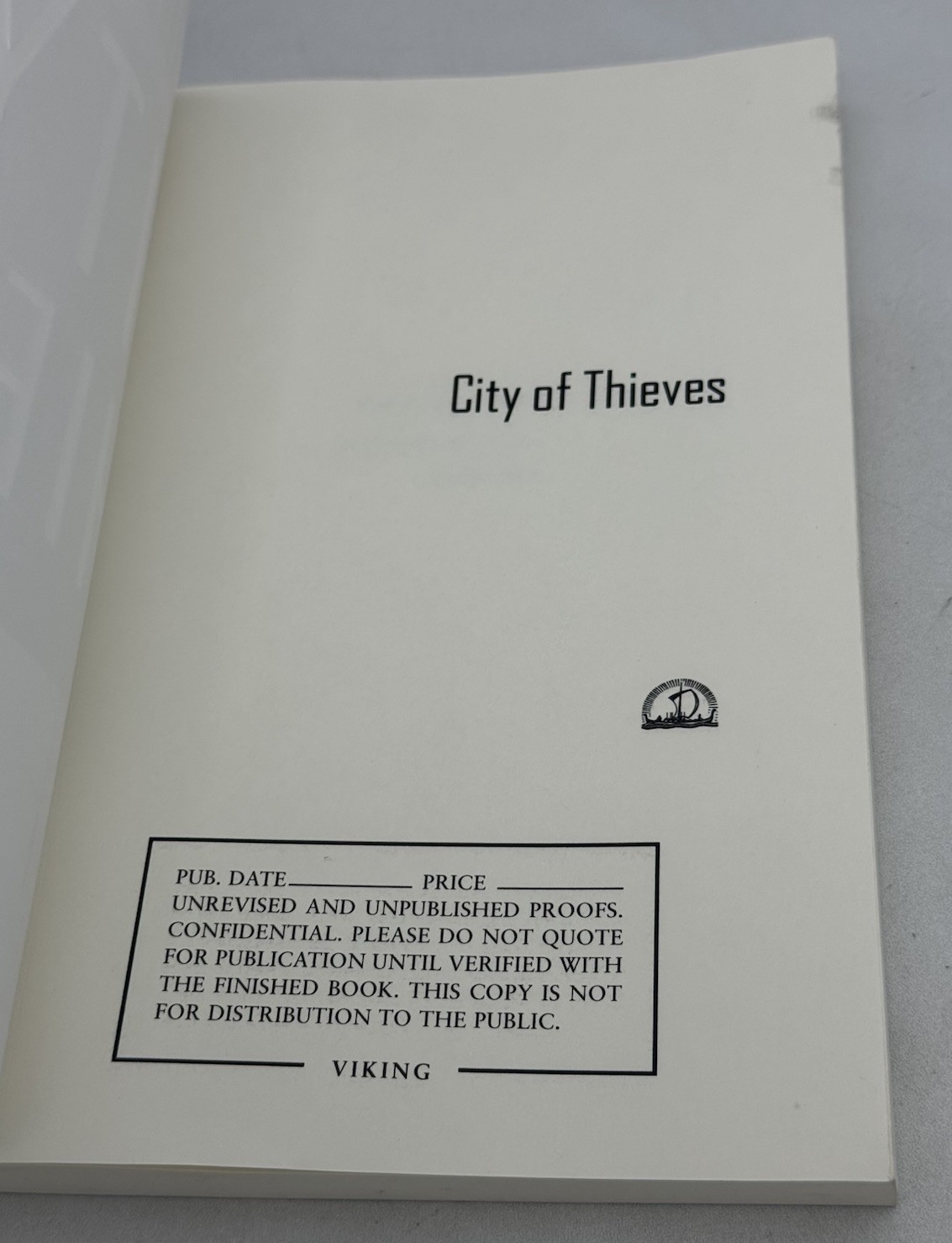 City Of Thieves, David Benioff ARC Uncorrected Proof Advance 1st Ed 2008 RARE