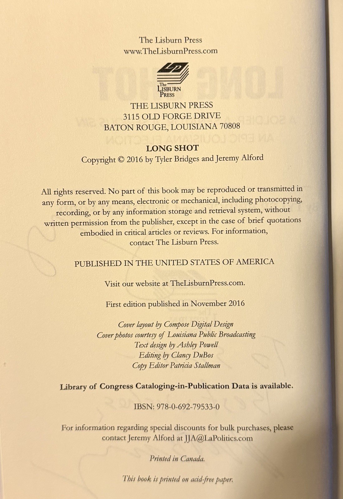 Long Shot by Tyler Bridges & Jeremy Alford, Signed First Edition Hardcover