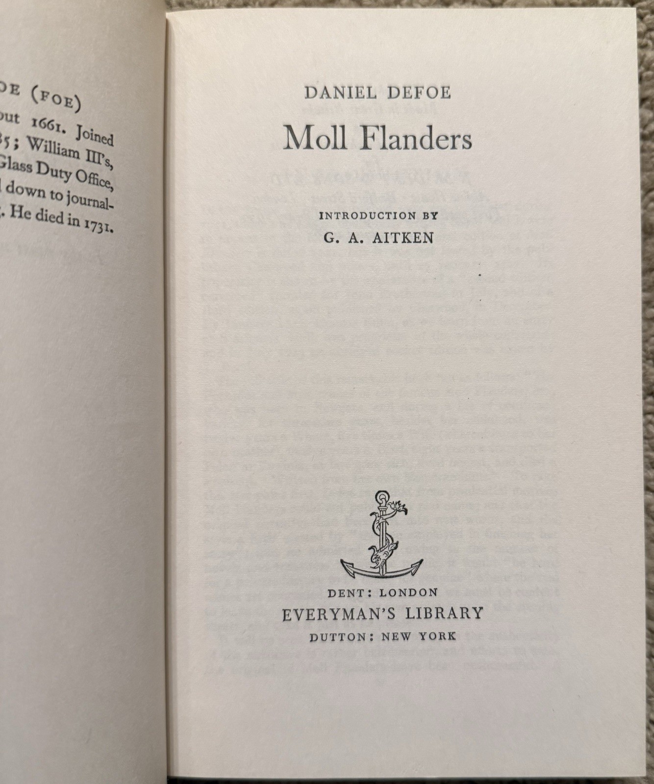 MOLL FLANDERS BY DANIEL DEFOE 1966 EVERYMAN’S LIBRARY VINTAGE HARDCOVER W/ DJ