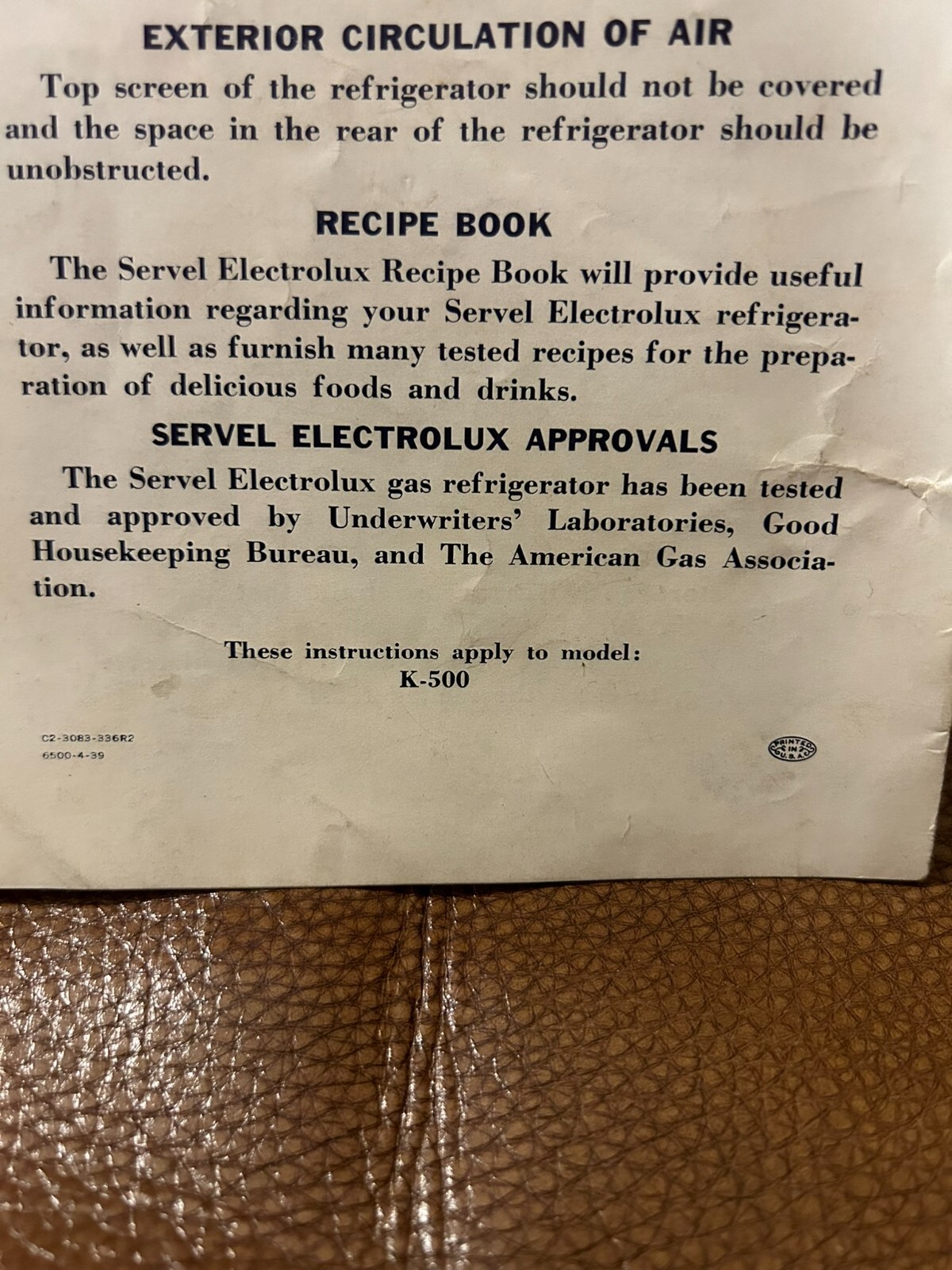 Servel Electrolux Refrigerator K-500 Operating Instructions Booklet Book
