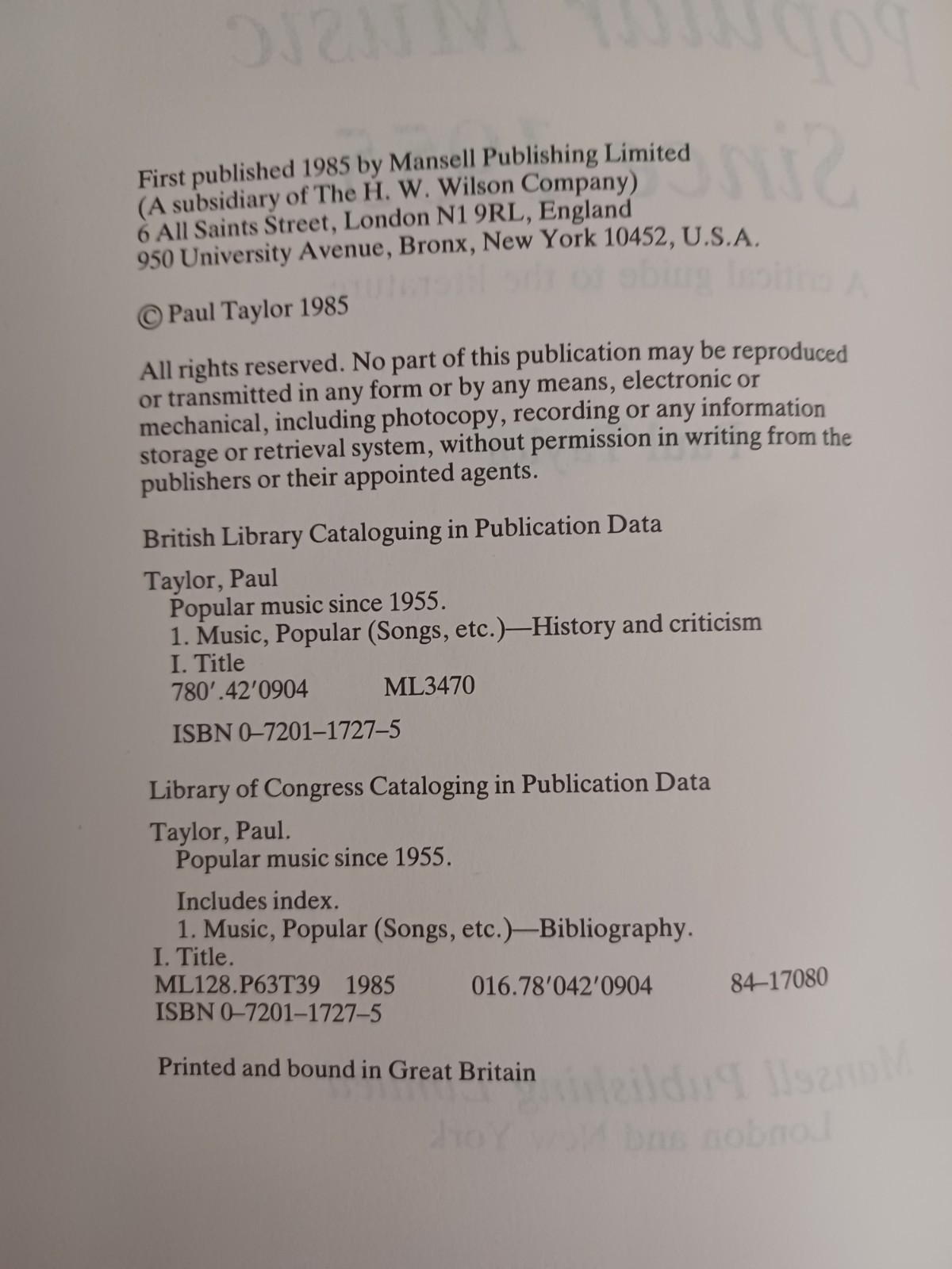 Popular Music since 1955 A Critical Guide to the Literature Paul Taylor First Ed