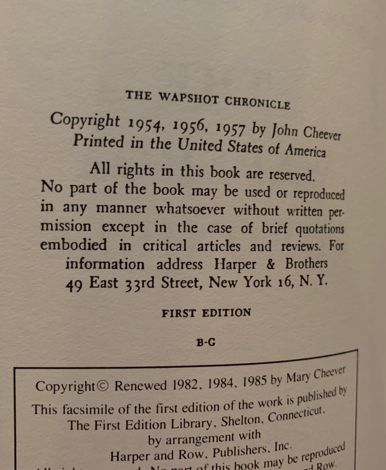 The Wapshot Chronicle: John Cheever / First Edition Library Facsimile VERY NICE!