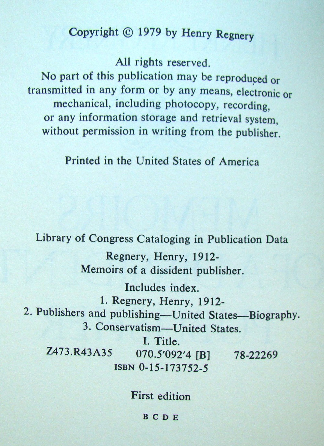 Memoirs Of A Dissident Publisher ~1979 HC~ Regnery Controvercial Conservative