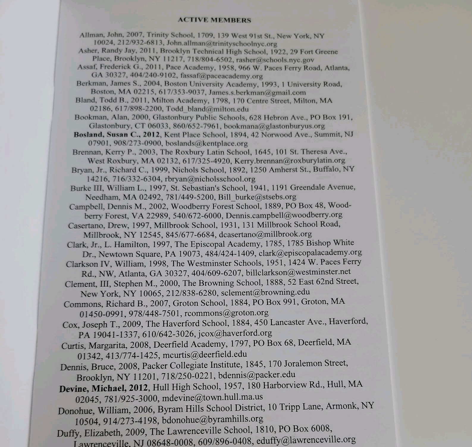 The Headmasters Association: 1893-2013 1st Edition, 2012 HC/DJ Booklets, Letter