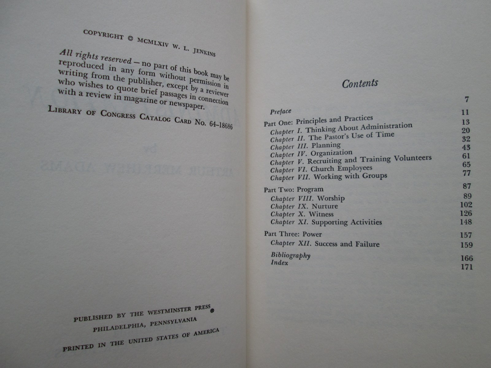 PASTORAL ADMINISTRATION by Arthur Merrihew Adams 1964 HC The Westminster Press
